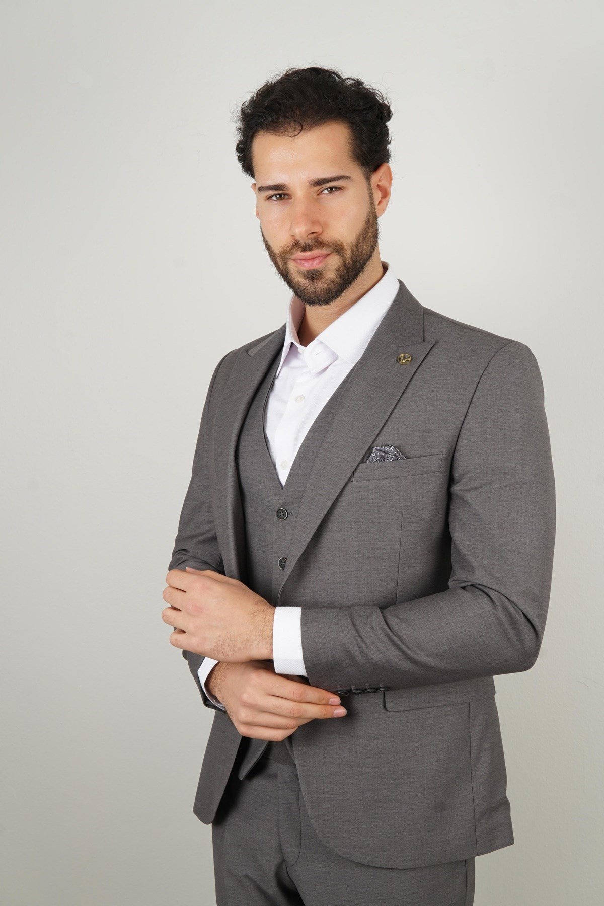 Maserto Slim Fit Gri Takım Elbise Düz Desenli