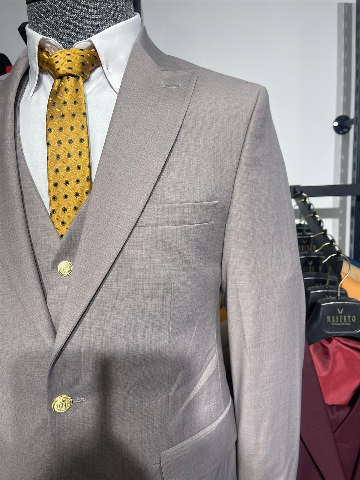 Maserto Slim Fit Gri Takım Elbise Düz Desenli