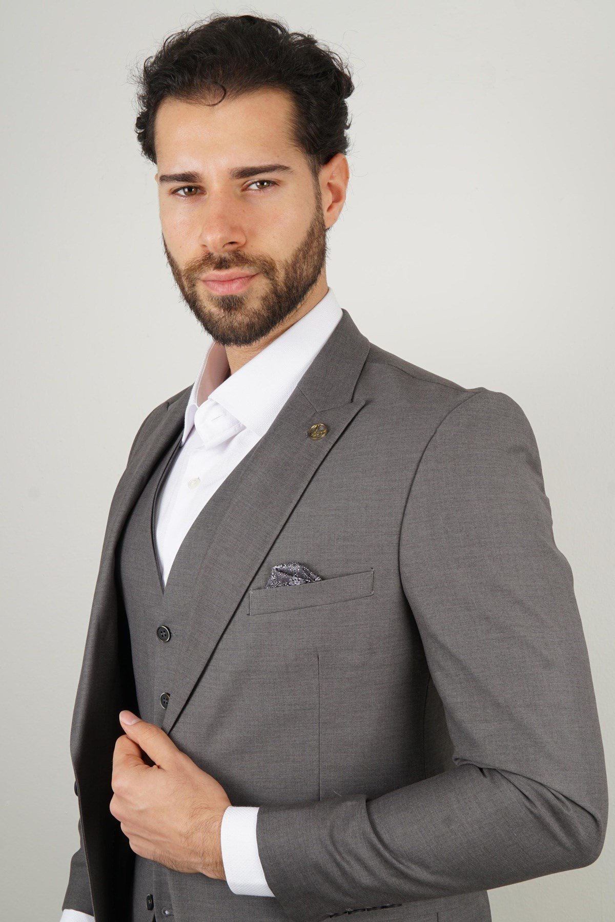 Maserto Slim Fit Gri Takım Elbise Düz Desenli