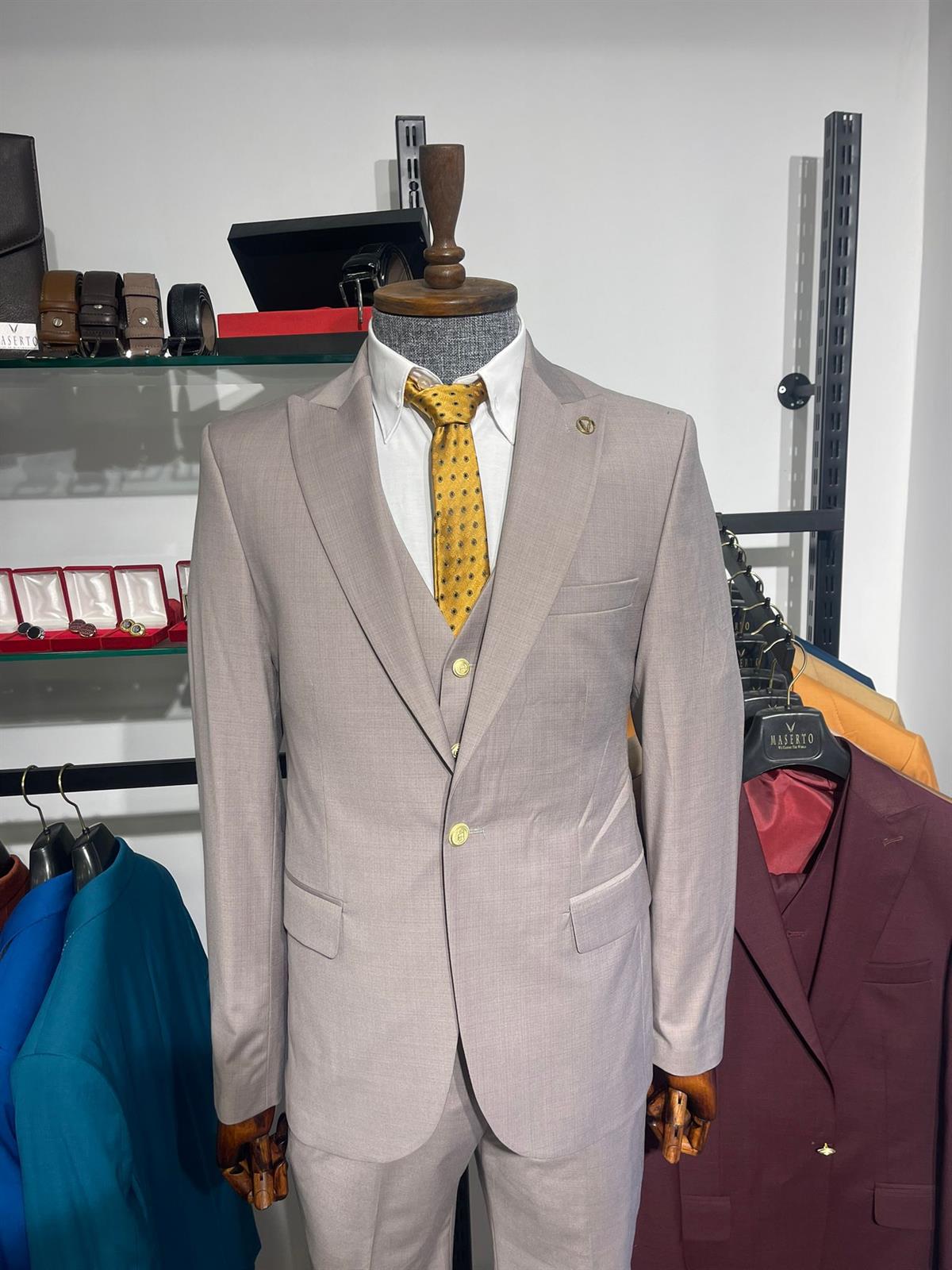 Maserto Slim Fit Gri Takım Elbise Düz Desenli