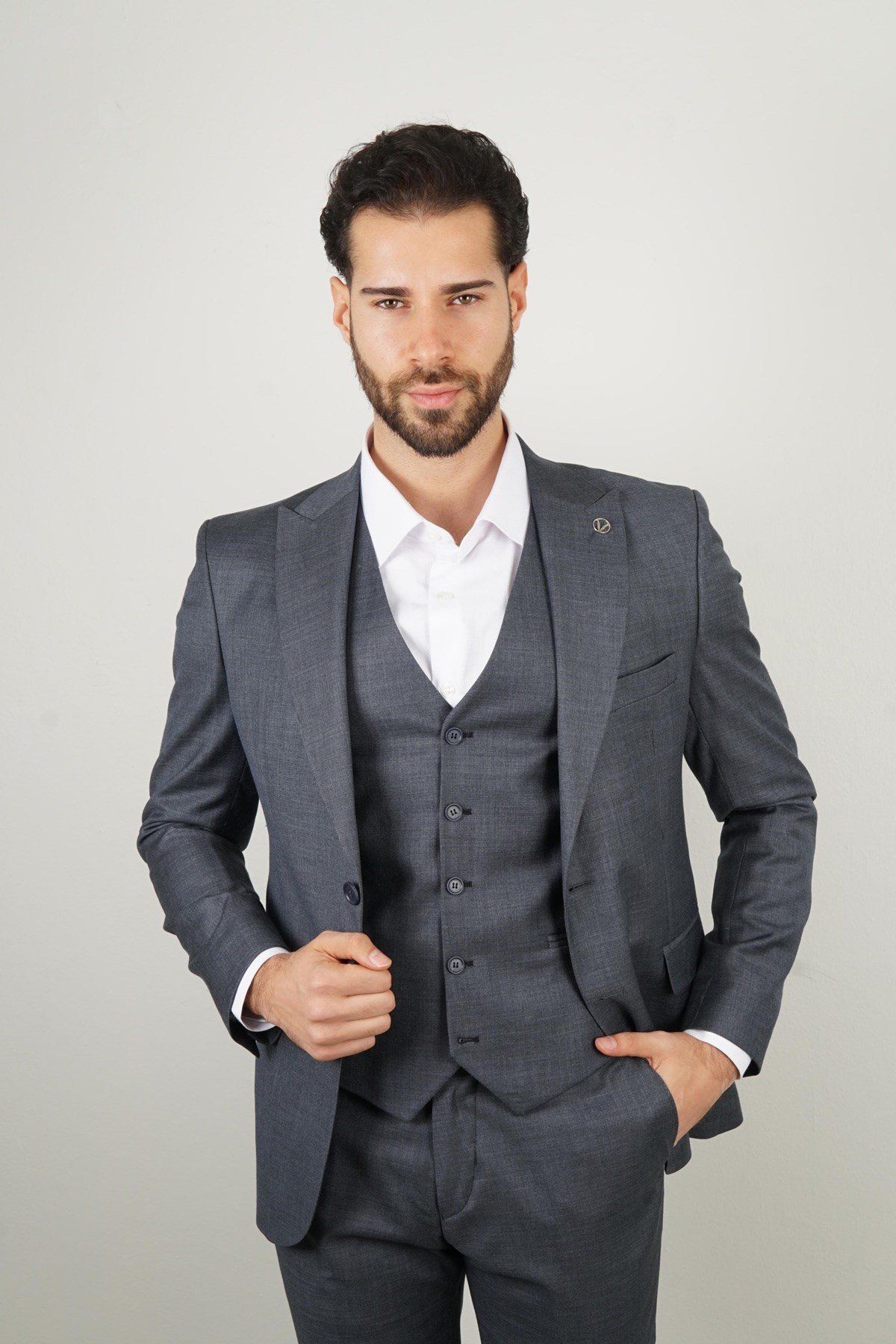 Maserto Slim Fit Gri Takım Elbise Kendinden Desenli