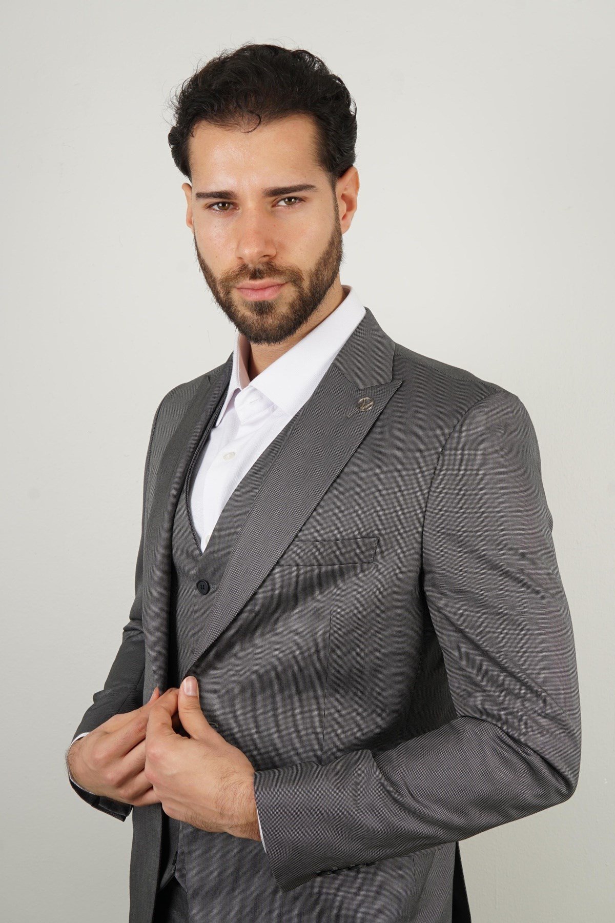 Maserto Slim Fit Gri Takım Elbise Kendinden Desenli