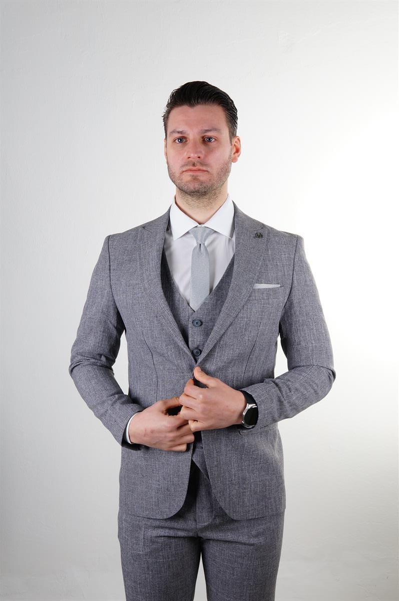 Maserto Slim Fit Gri Takım Elbise Kendinden Desenli