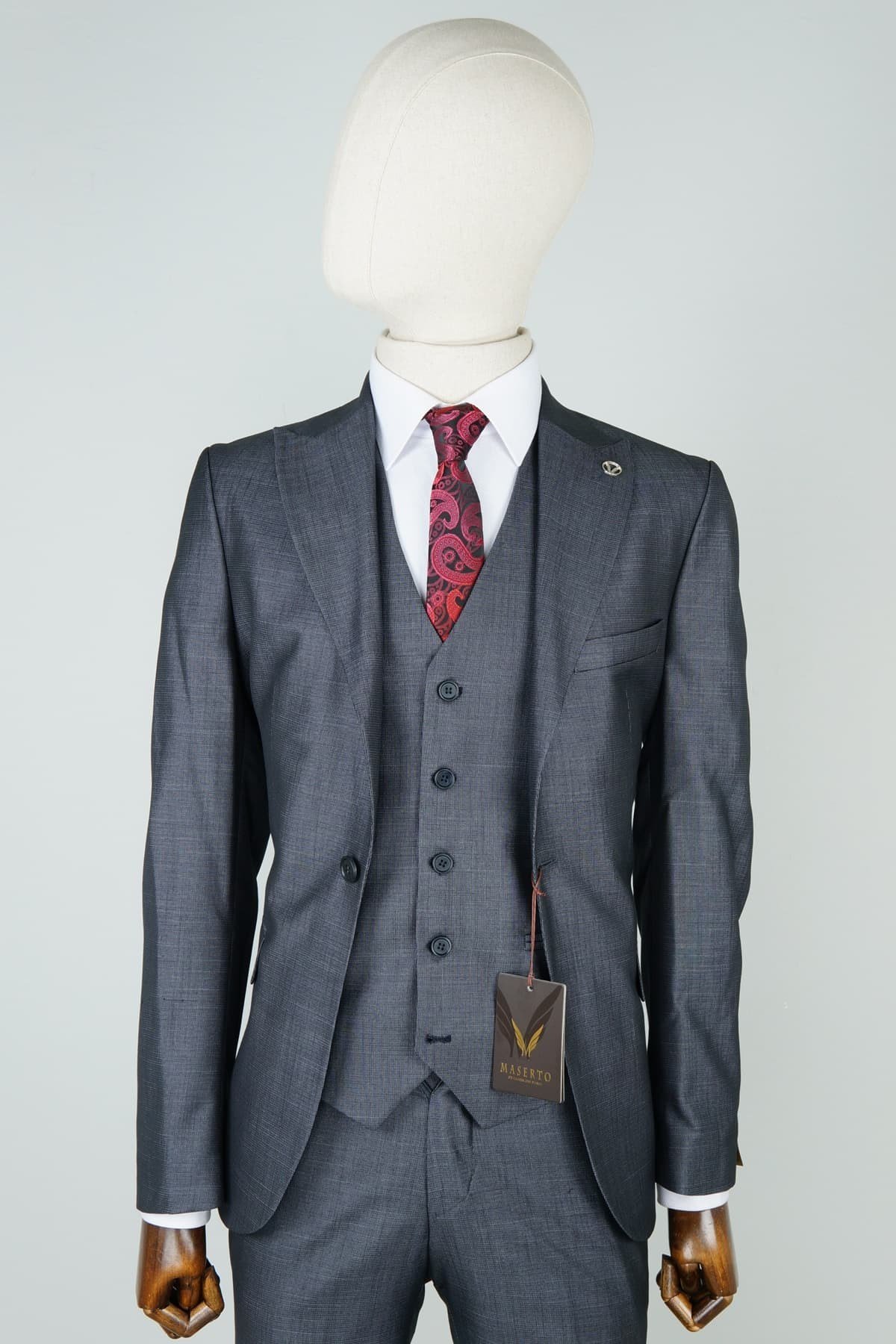 Maserto Slim Fit Gri Takım Elbise Kendinden Desenli