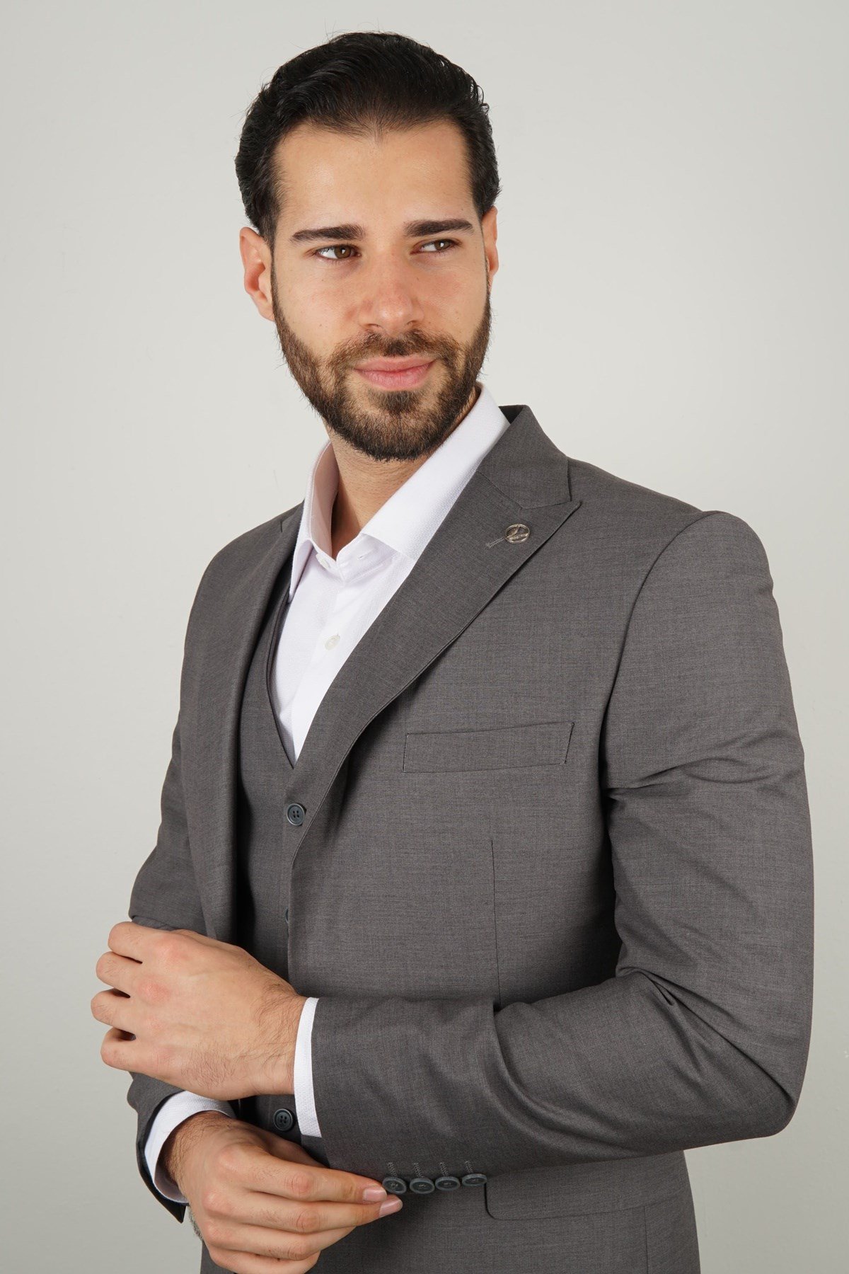 Maserto Slim Fit Gri Takım Elbise Kendinden Desenli