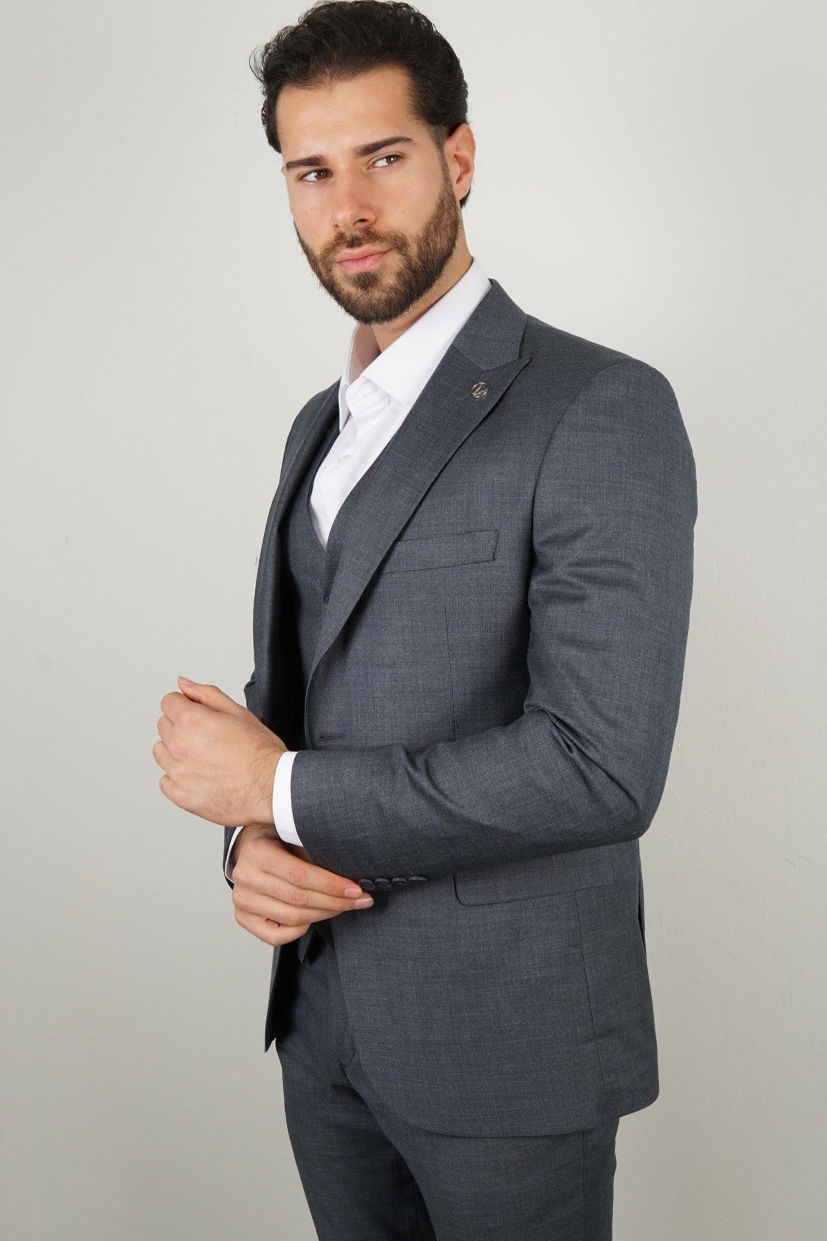 Maserto Slim Fit Gri Takım Elbise Kendinden Desenli