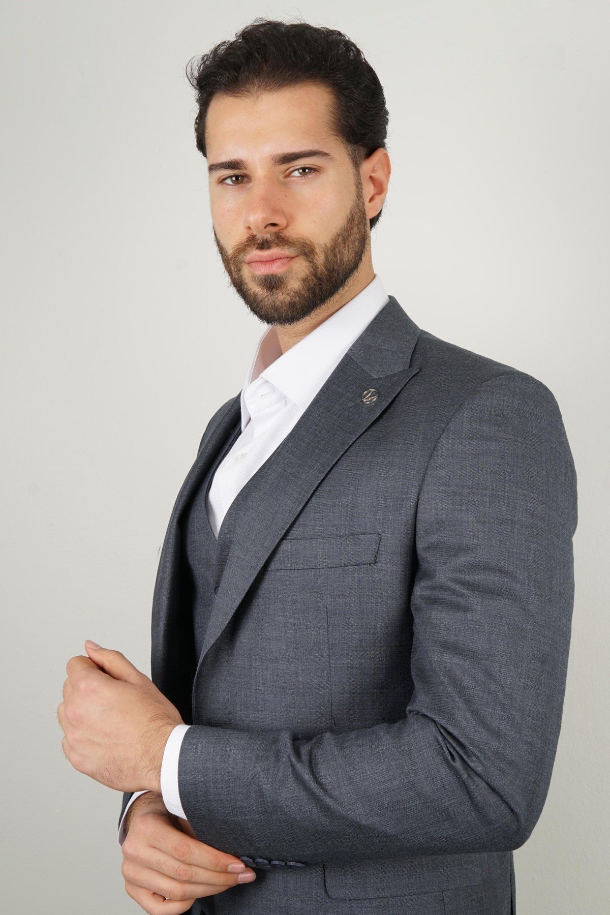 Maserto Slim Fit Gri Takım Elbise Kendinden Desenli