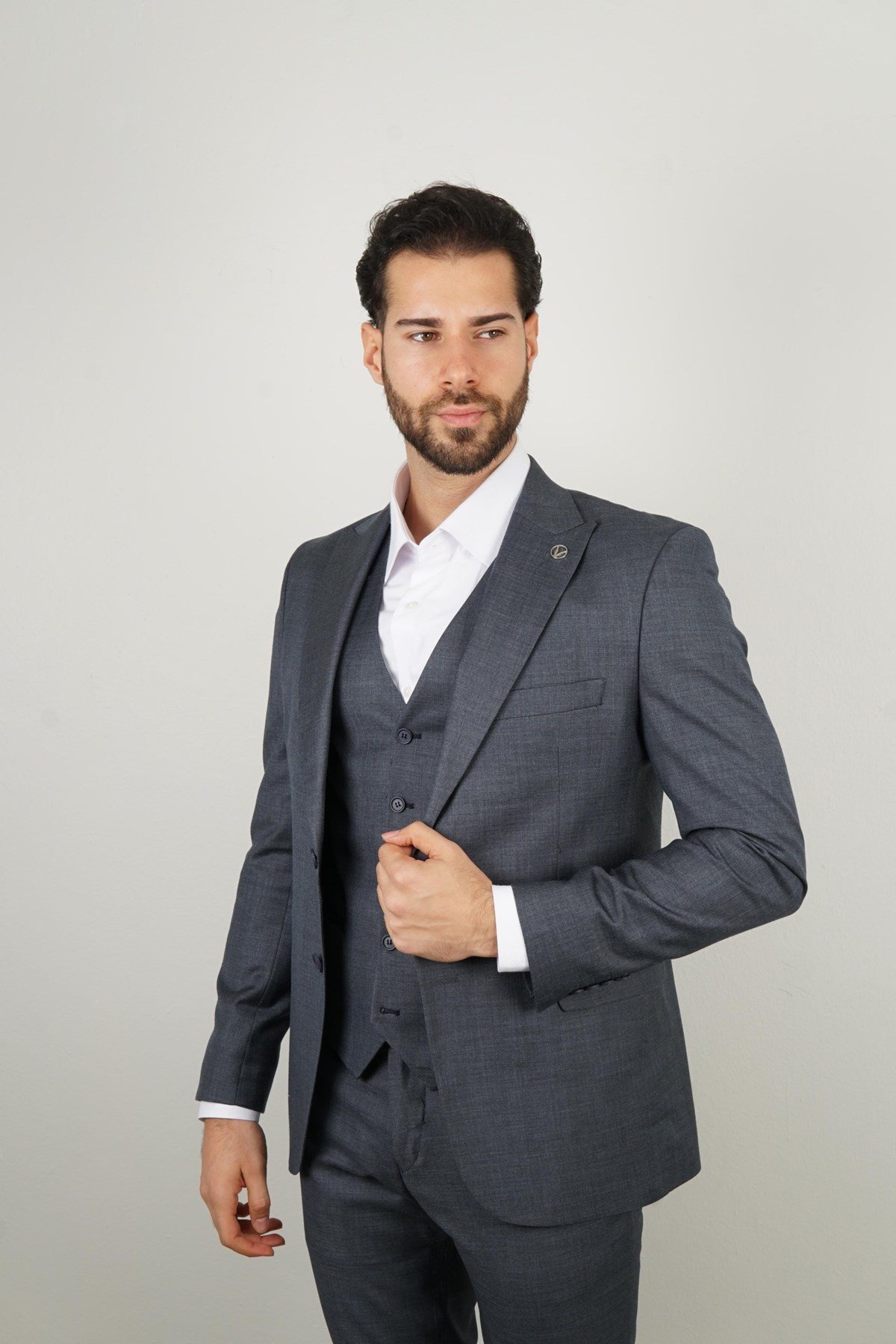 Maserto Slim Fit Gri Takım Elbise Kendinden Desenli