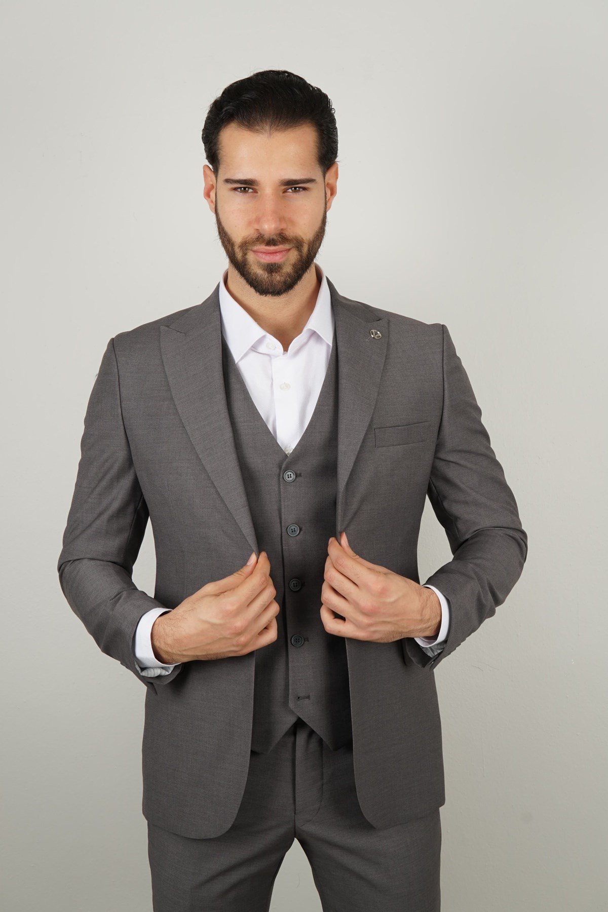 Maserto Slim Fit Gri Takım Elbise Kendinden Desenli