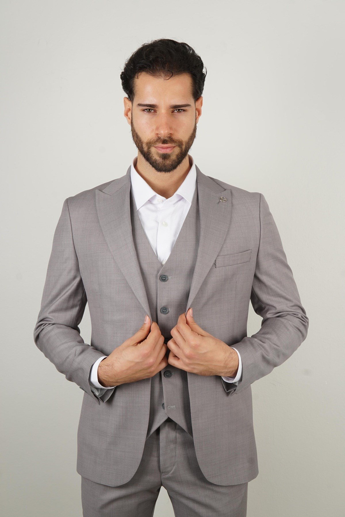 Maserto Slim Fit Gri Takım Elbise Kendinden Desenli