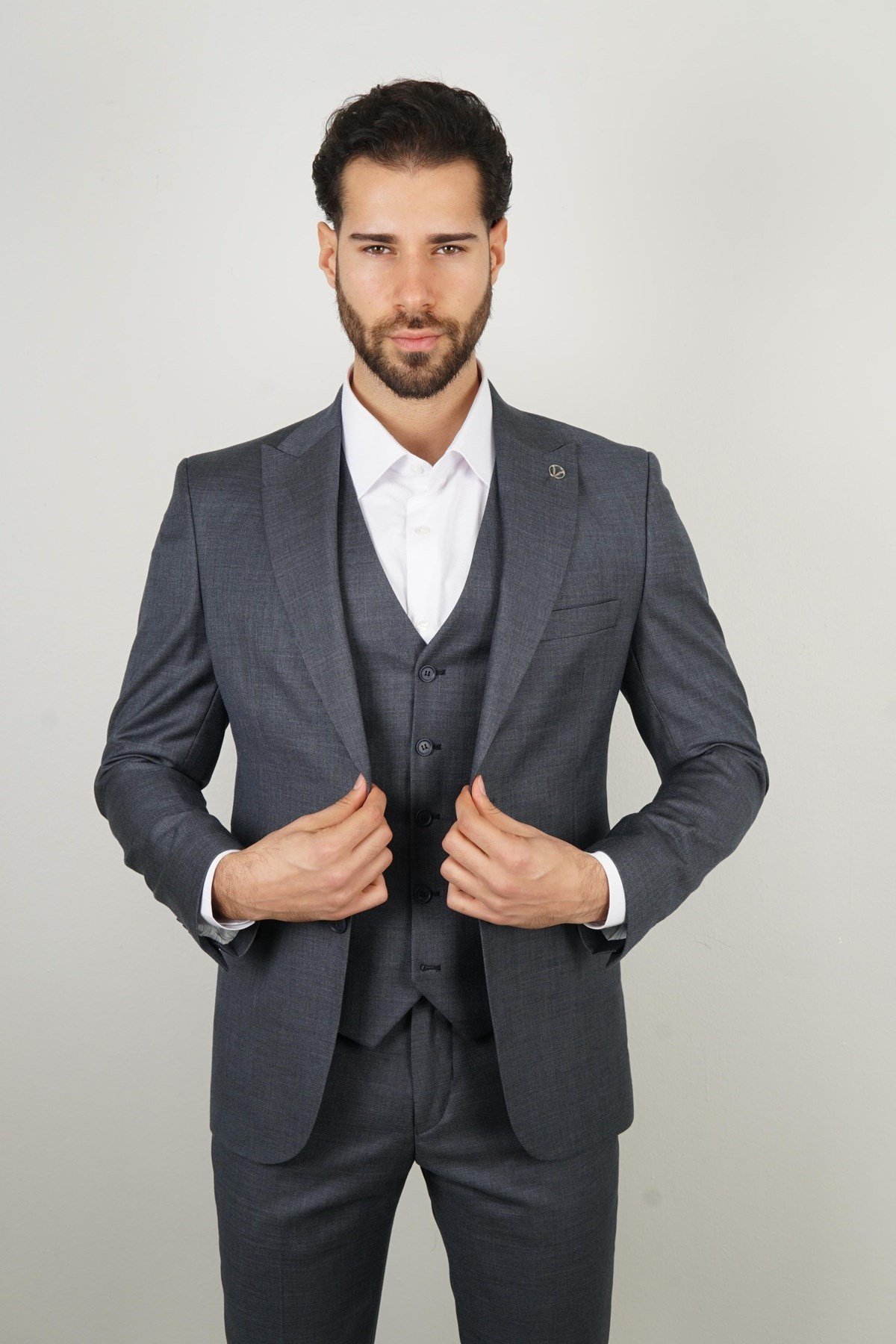 Maserto Slim Fit Gri Takım Elbise Kendinden Desenli