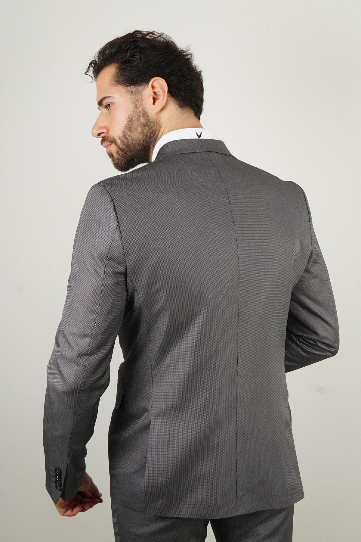 Maserto Slim Fit Gri Takım Elbise Kendinden Desenli