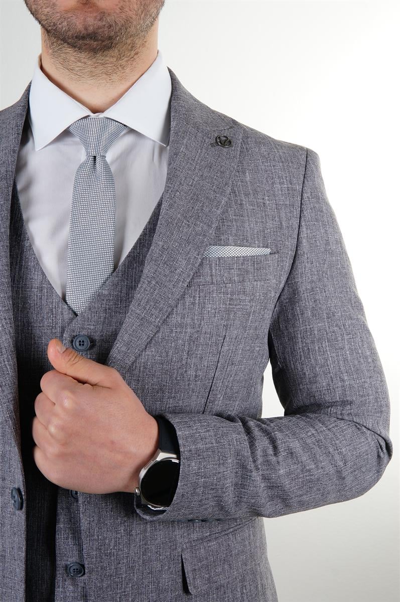 Maserto Slim Fit Gri Takım Elbise Kendinden Desenli