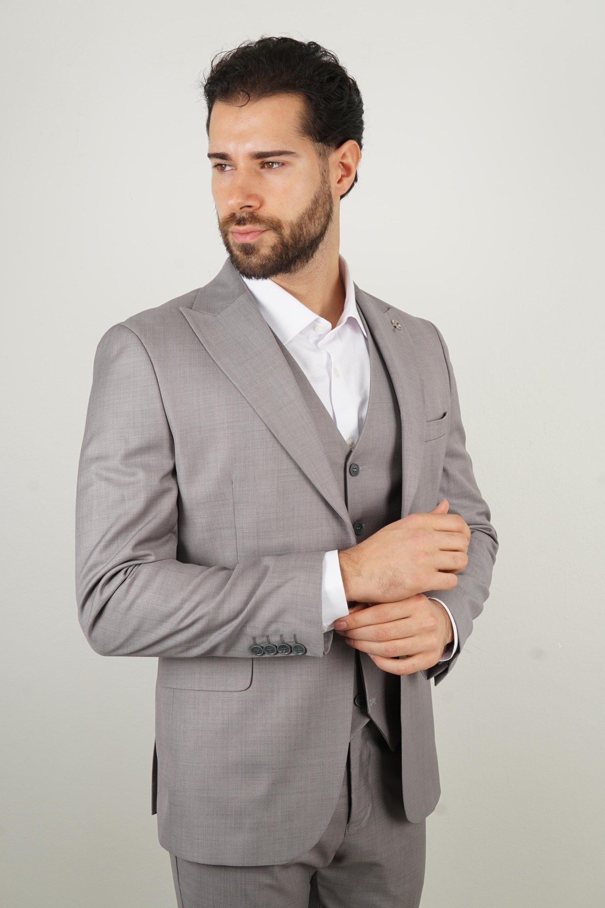 Maserto Slim Fit Gri Takım Elbise Kendinden Desenli