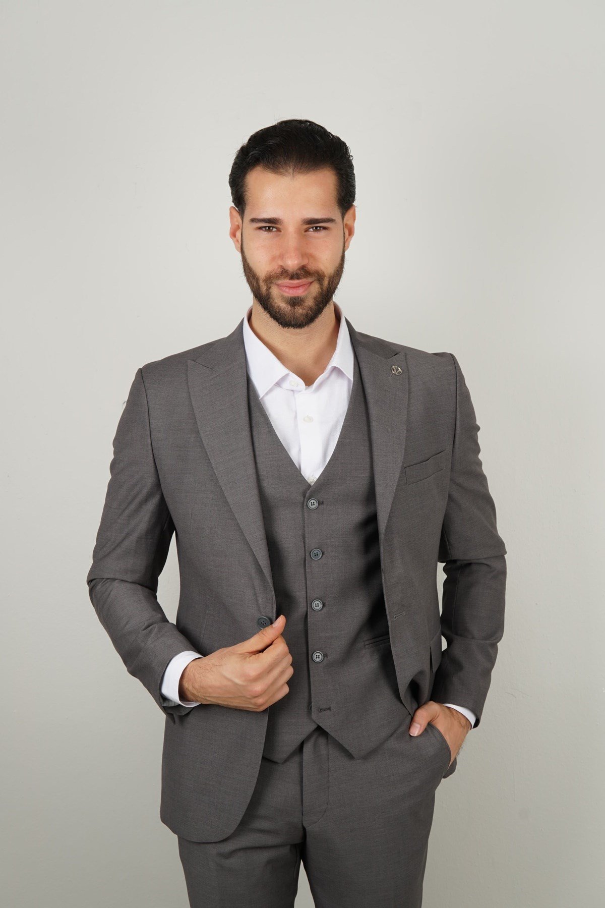 Maserto Slim Fit Gri Takım Elbise Kendinden Desenli