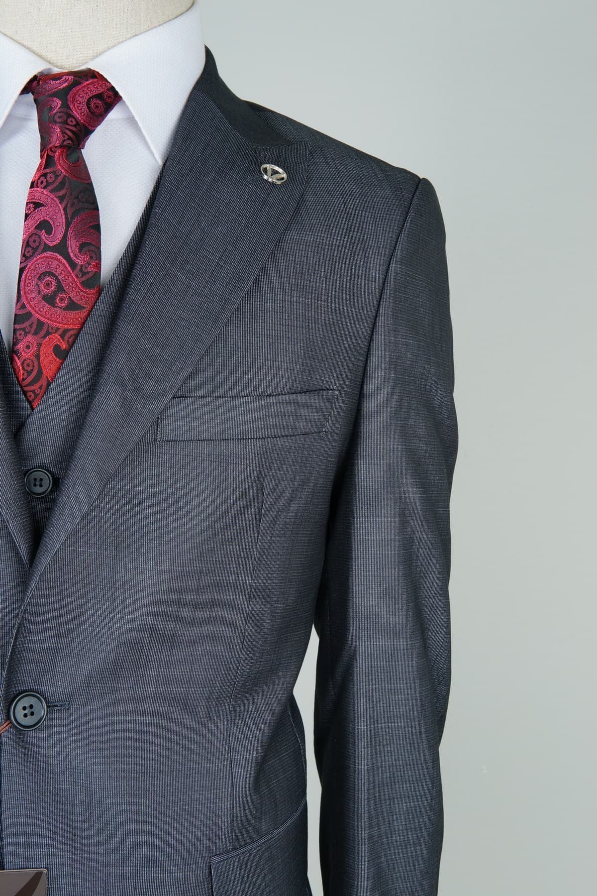 Maserto Slim Fit Gri Takım Elbise Kendinden Desenli