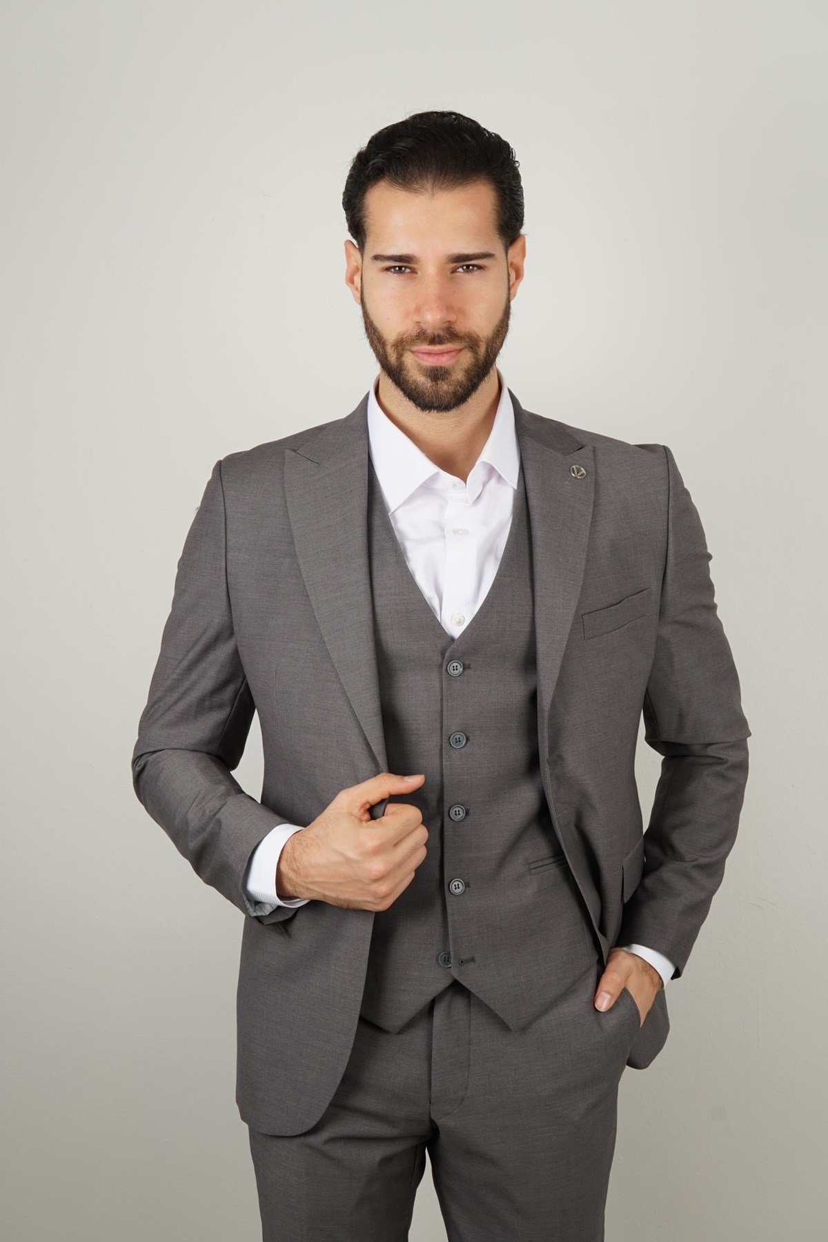 Maserto Slim Fit Gri Takım Elbise Kendinden Desenli