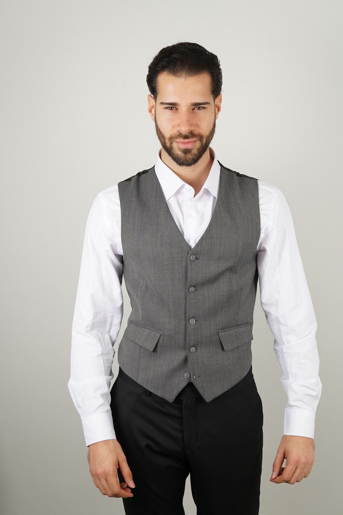 Maserto Slim Fit Gri Yelek Nokta Desenli