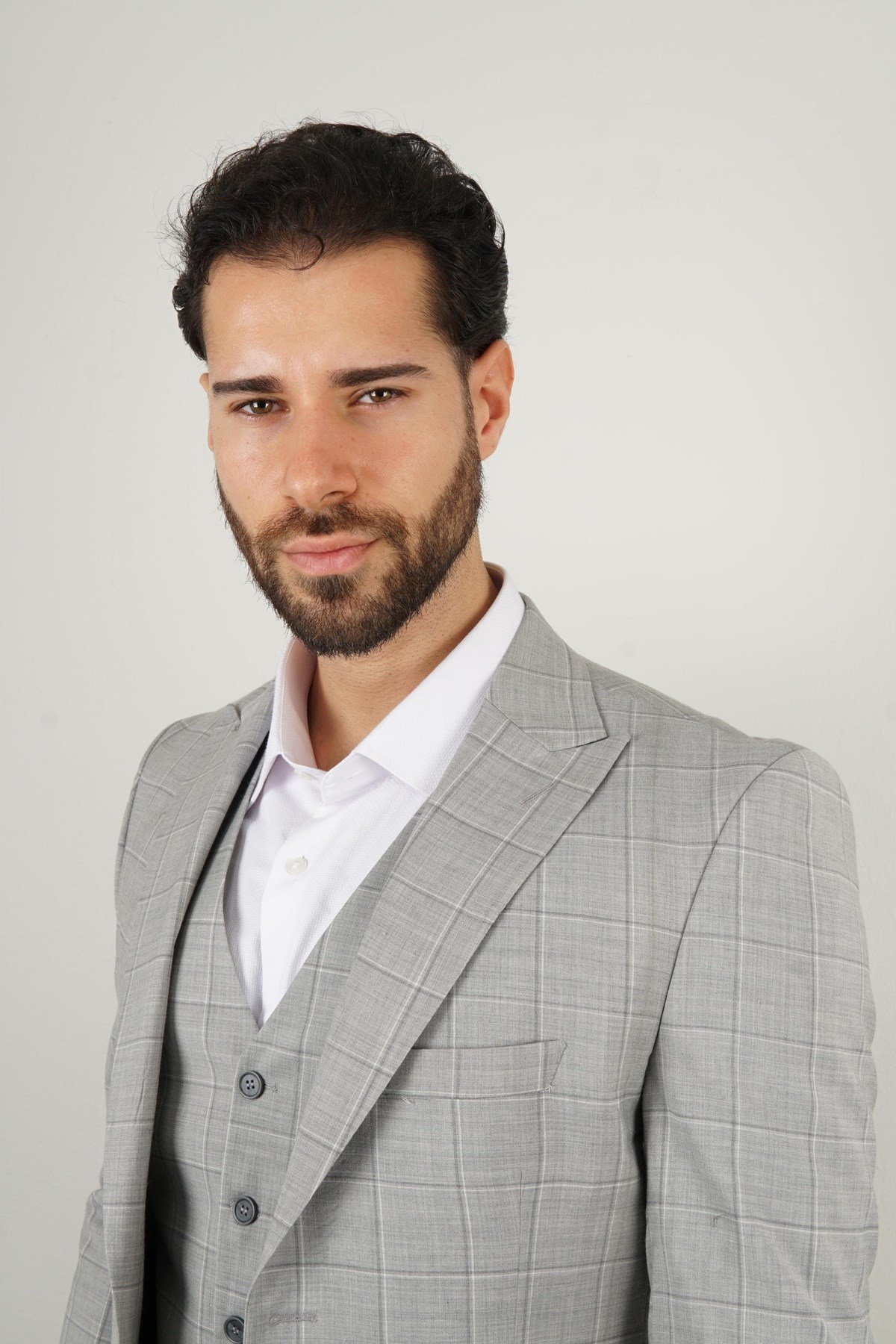 Maserto Slim Fit Gri Yelekli Takım Elbise Çizgili Desenli