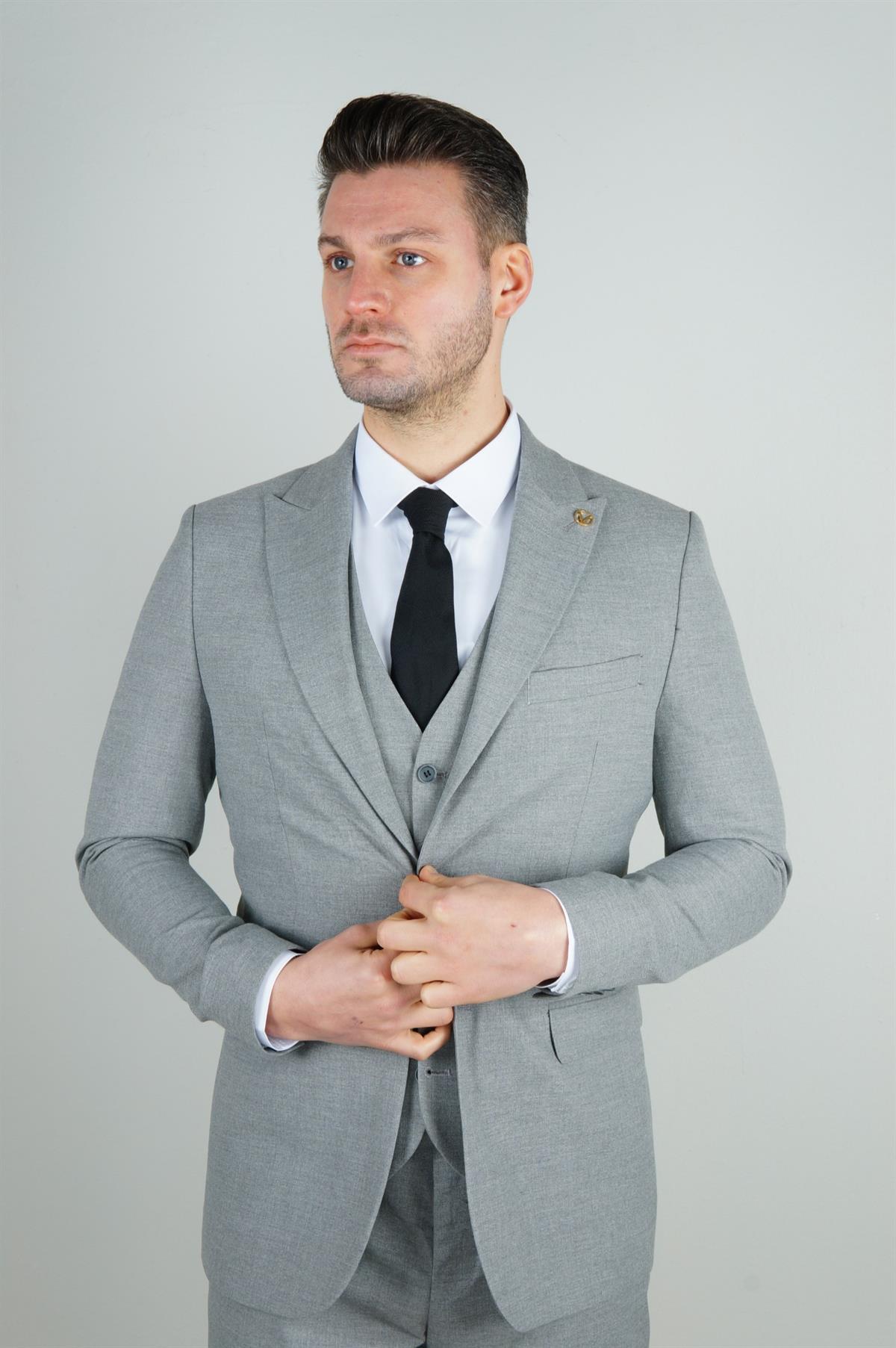 Maserto Slim Fit Gri Yelekli Takım Elbise Düz Desenli