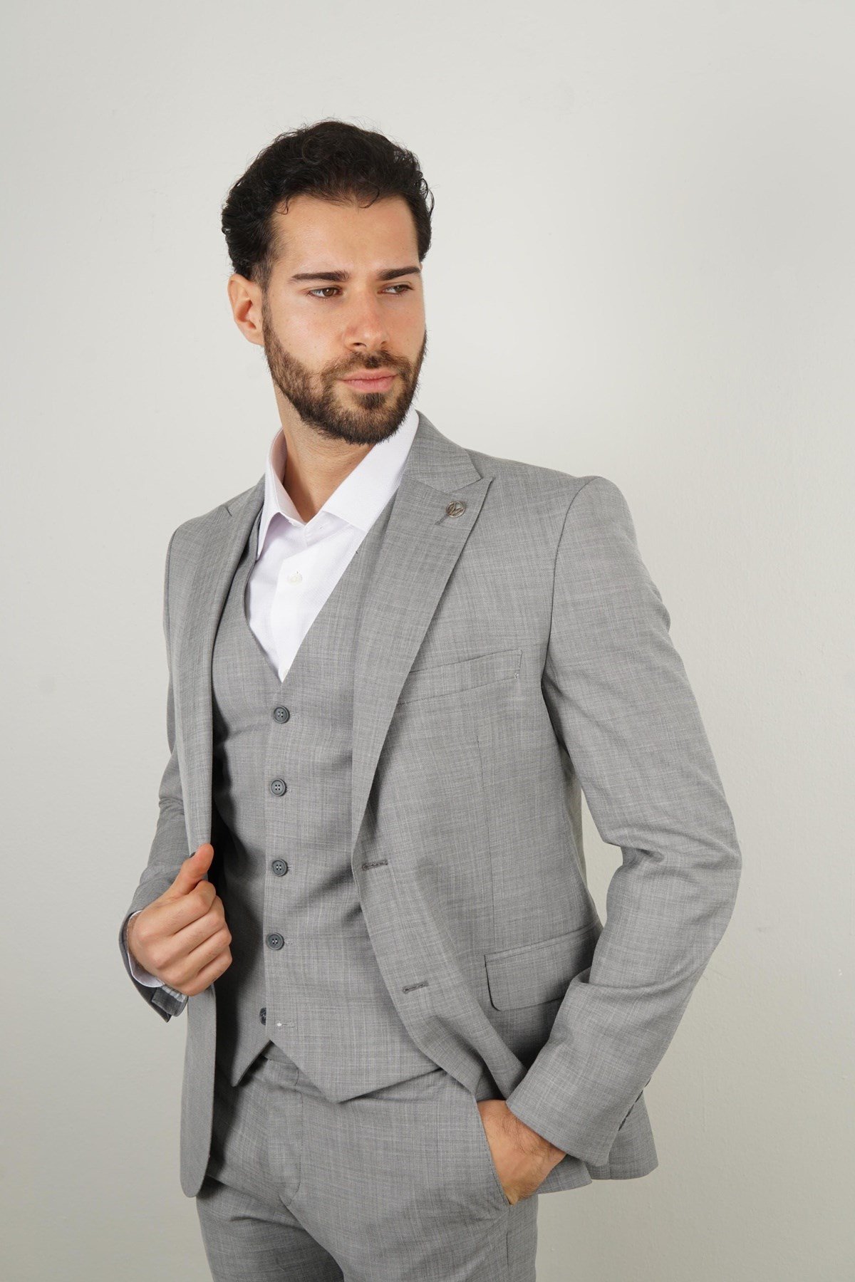 Maserto Slim Fit Gri Yelekli Takım Elbise Kendinden Desenli