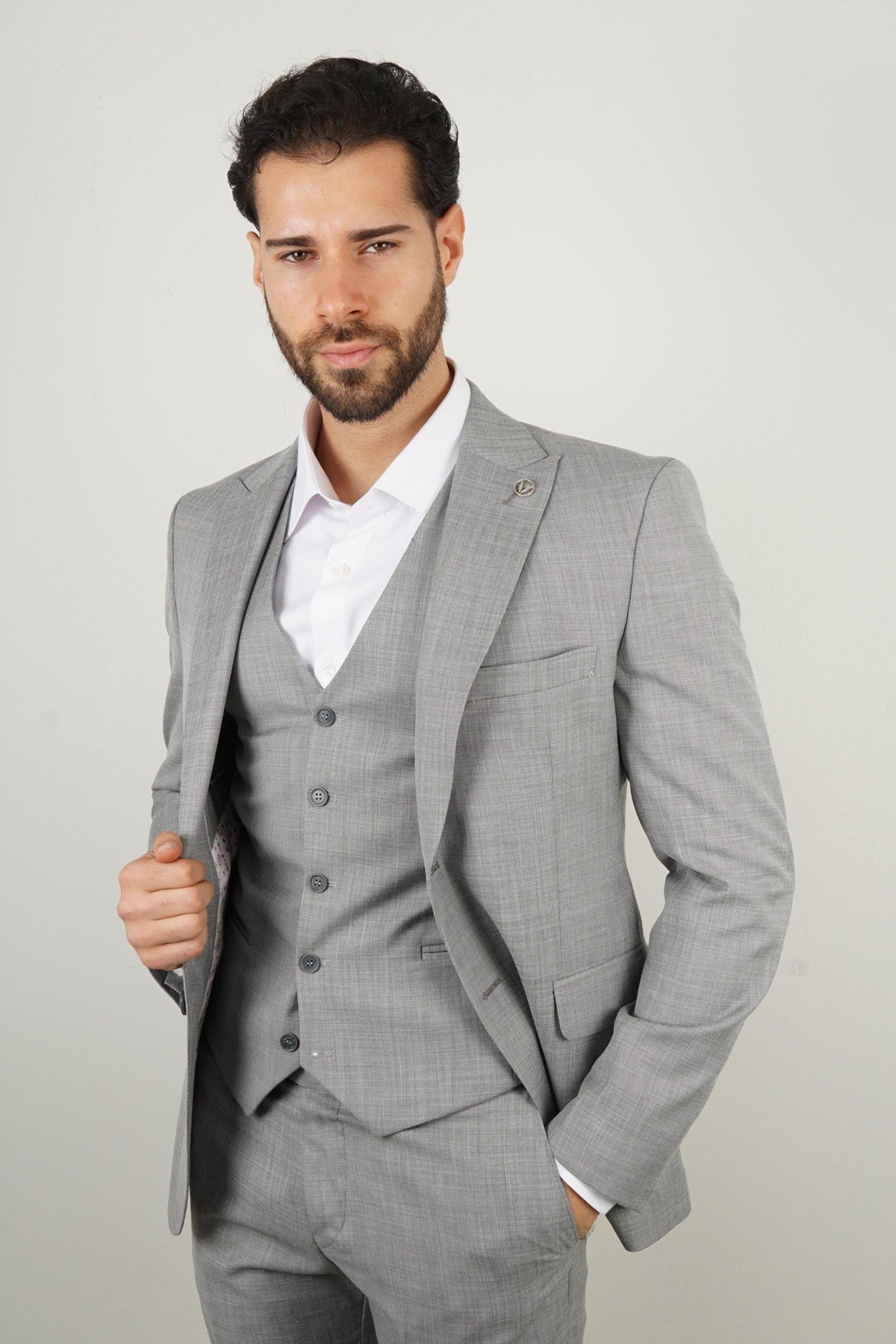 Maserto Slim Fit Gri Yelekli Takım Elbise Kendinden Desenli