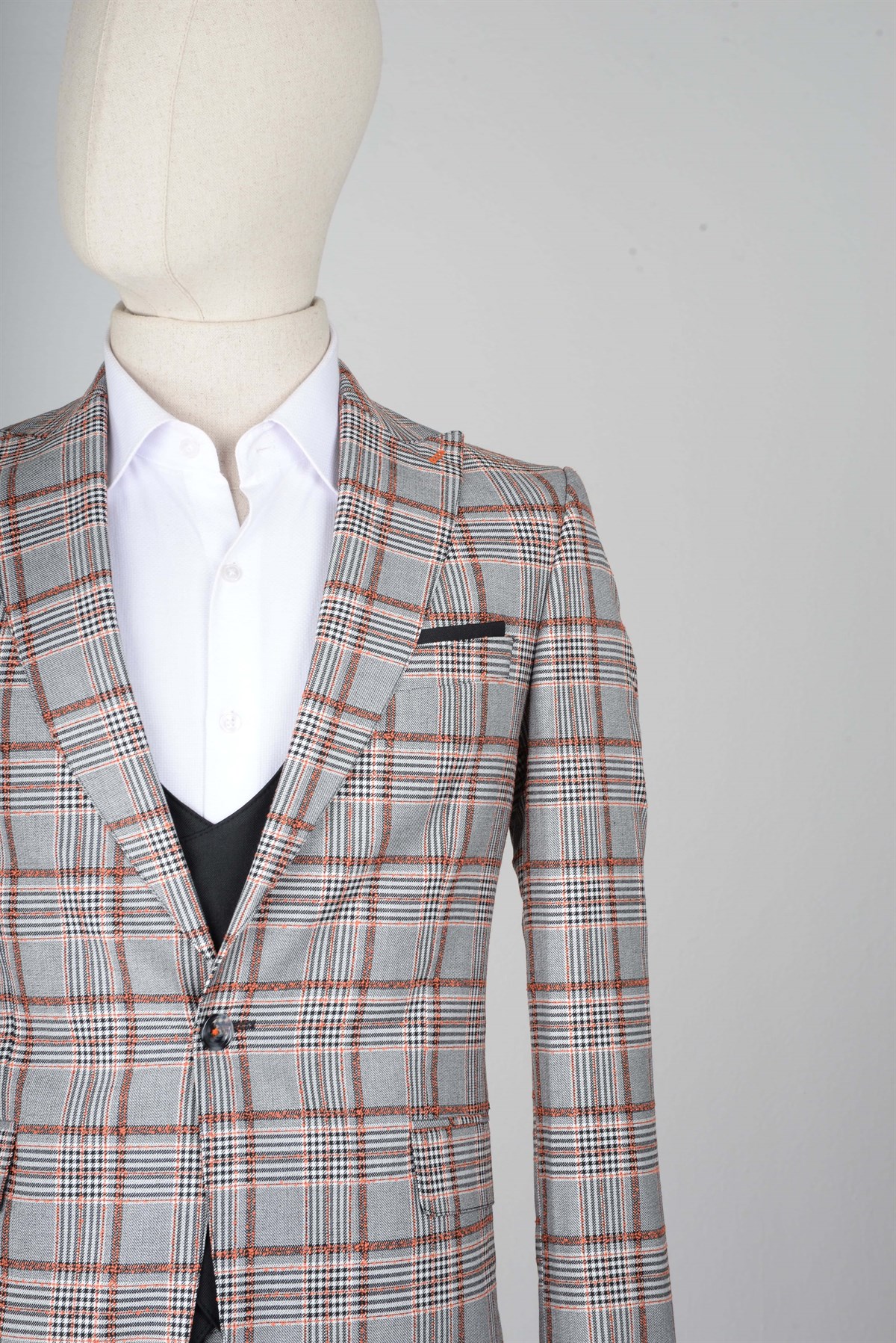 Maserto Slim Fit Gri Yelekli Takım Elbise Ekose Desenli