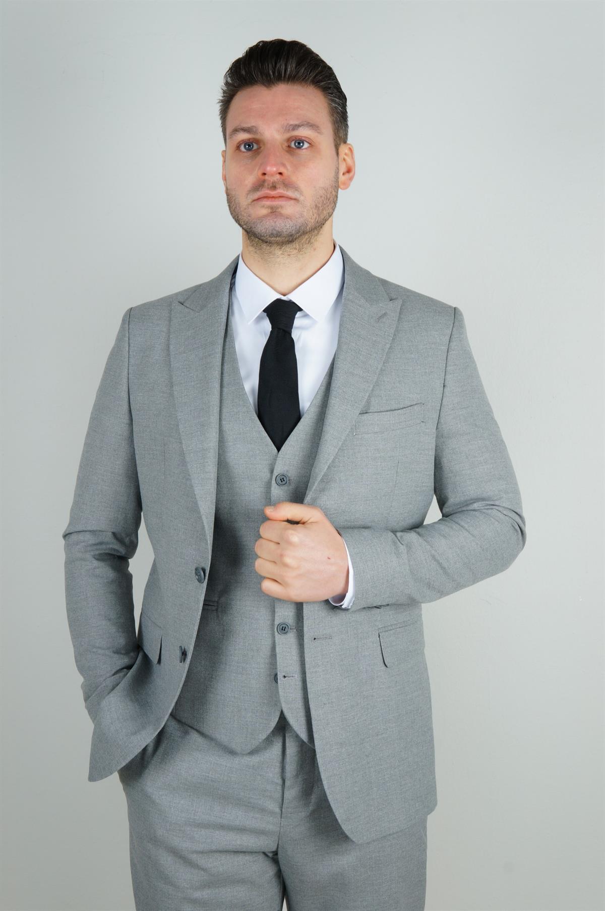 Maserto Slim Fit Gri Yelekli Takım Elbise Düz Desenli