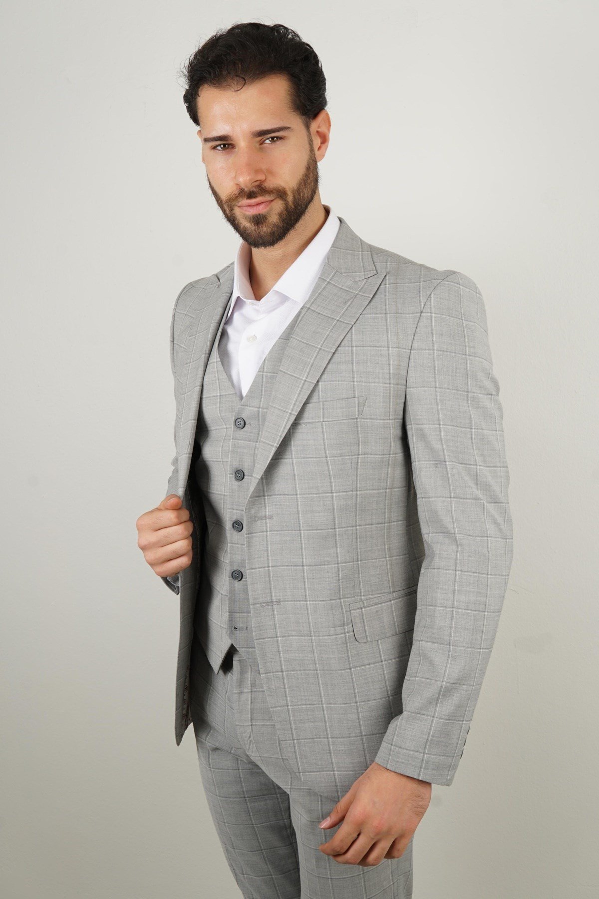 Maserto Slim Fit Gri Yelekli Takım Elbise Çizgili Desenli