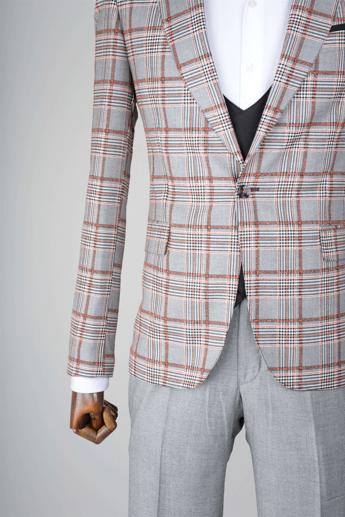 Maserto Slim Fit Gri Yelekli Takım Elbise Ekose Desenli