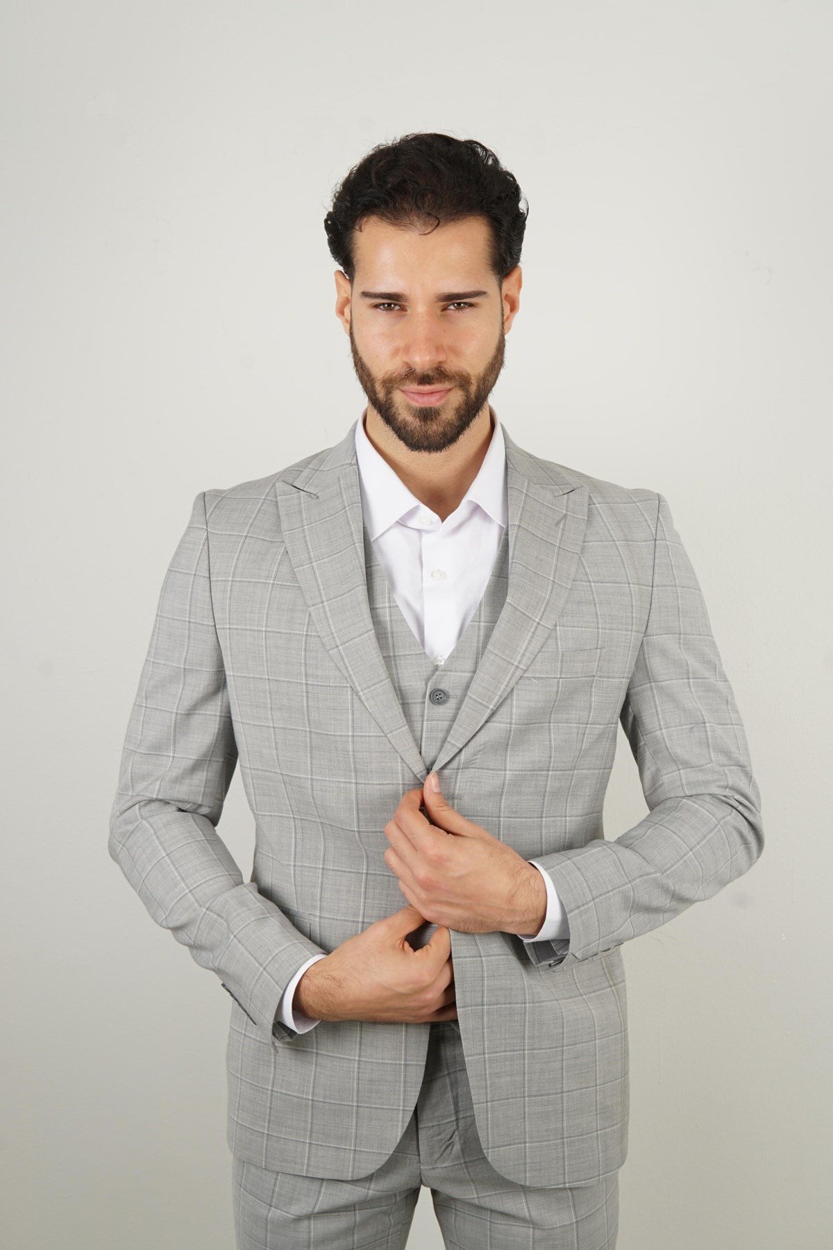 Maserto Slim Fit Gri Yelekli Takım Elbise Çizgili Desenli