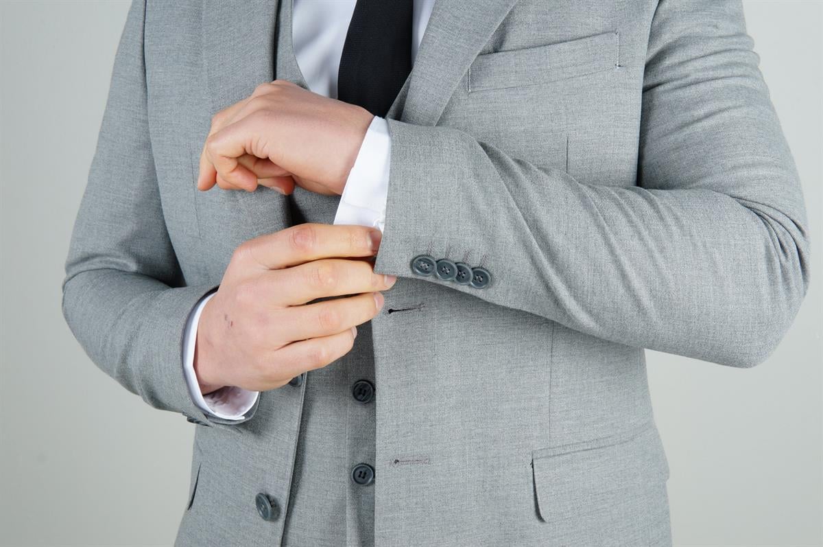 Maserto Slim Fit Gri Yelekli Takım Elbise Düz Desenli