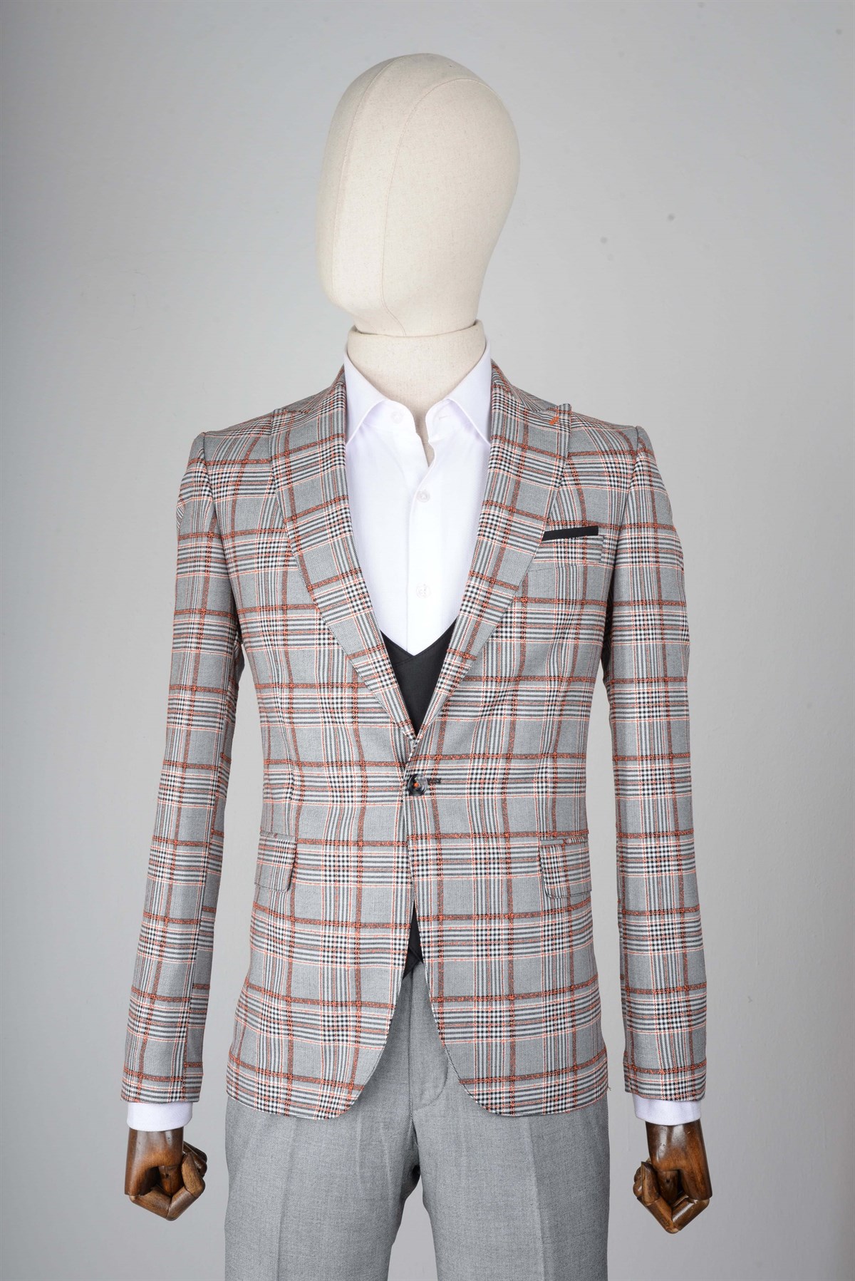 Maserto Slim Fit Gri Yelekli Takım Elbise Ekose Desenli