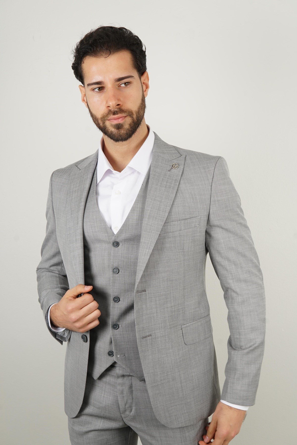 Maserto Slim Fit Gri Yelekli Takım Elbise Kendinden Desenli