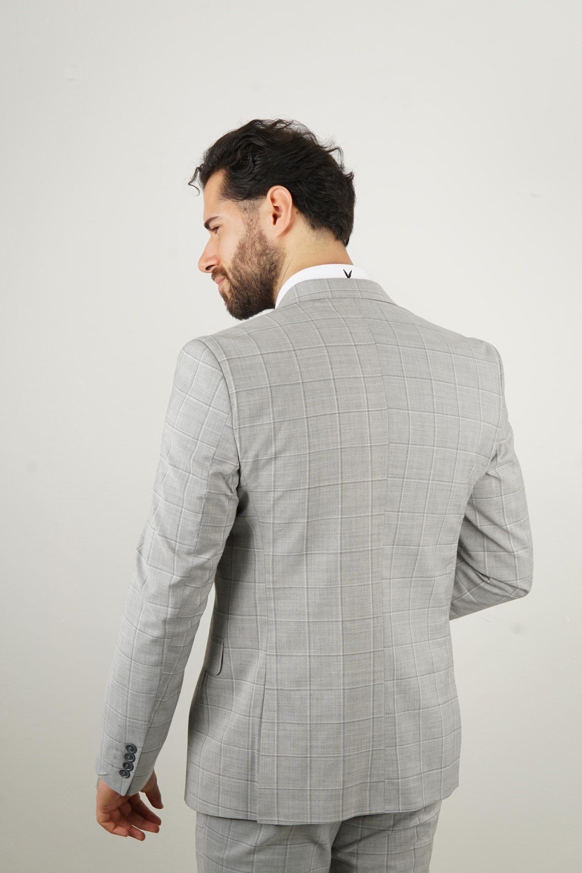 Maserto Slim Fit Gri Yelekli Takım Elbise Çizgili Desenli