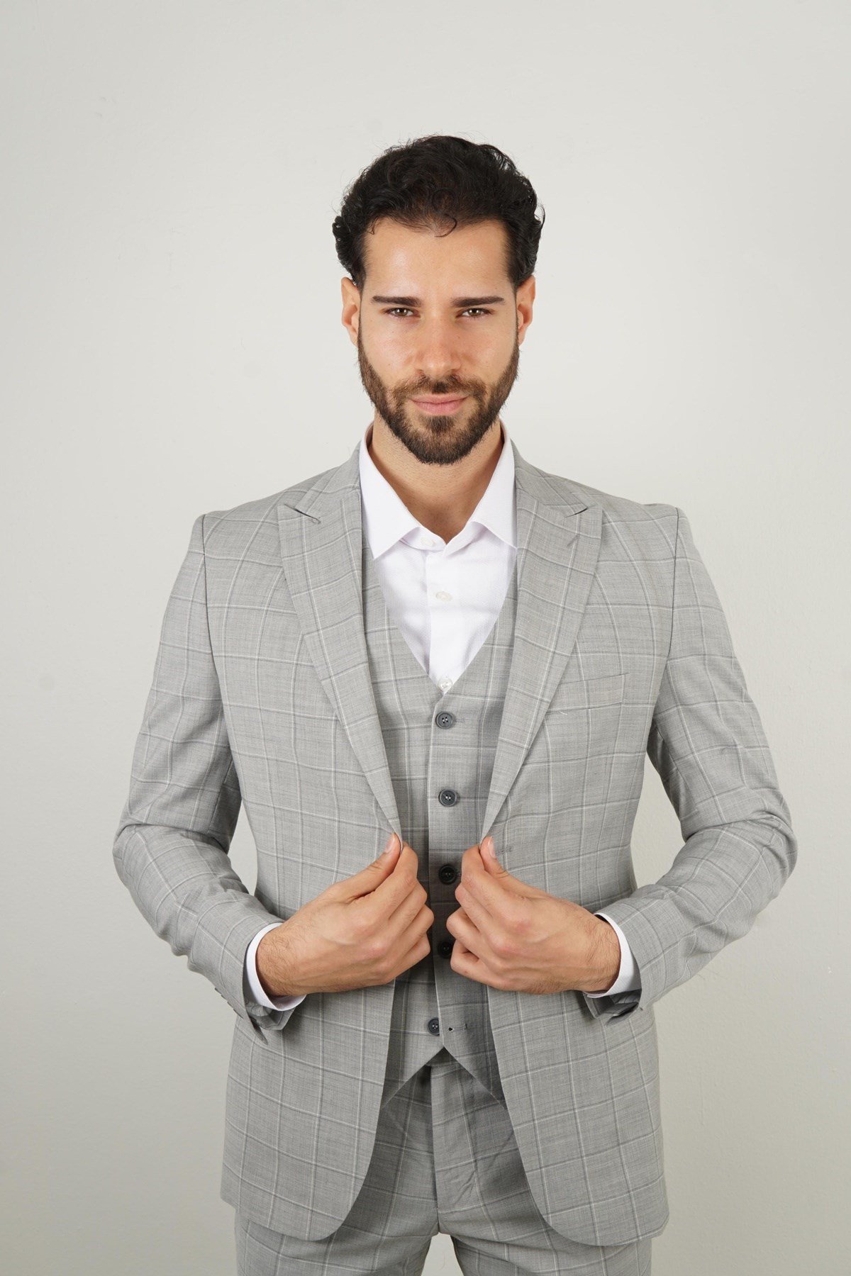 Maserto Slim Fit Gri Yelekli Takım Elbise Çizgili Desenli