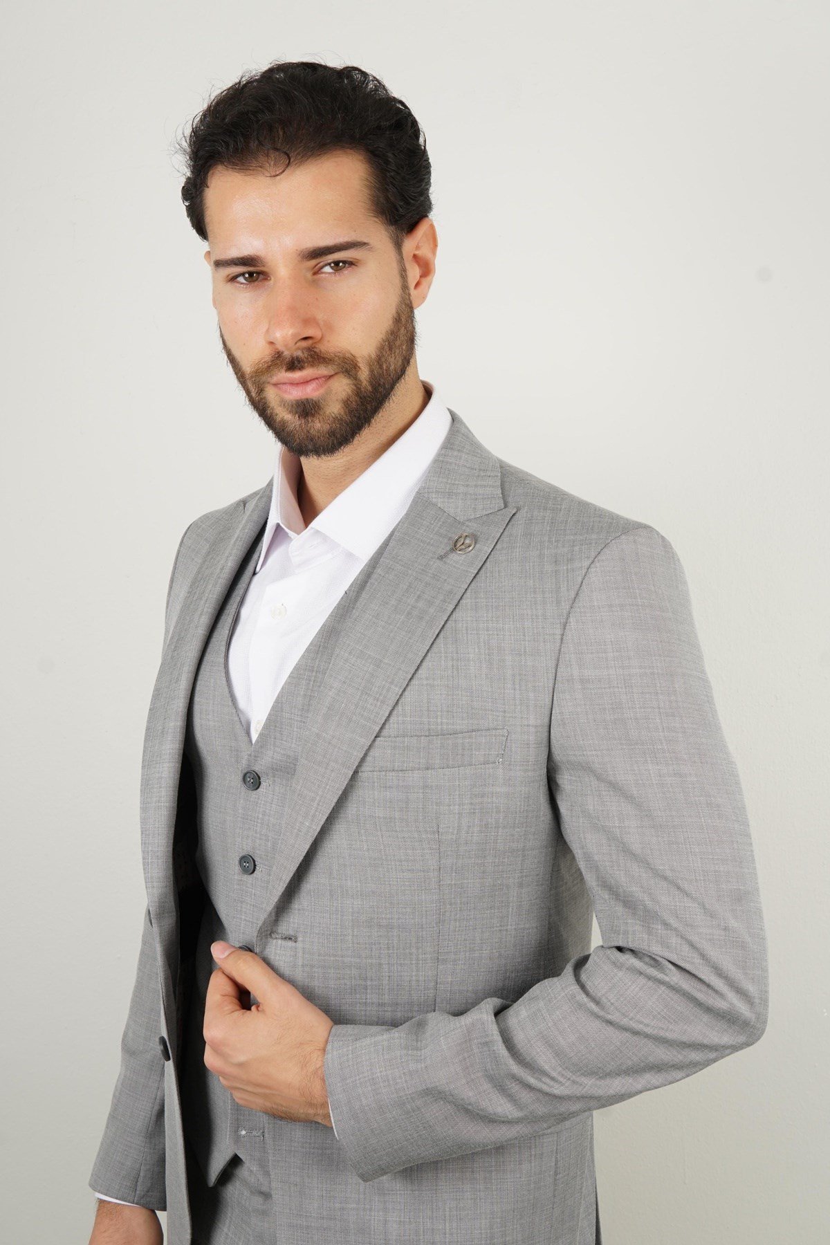 Maserto Slim Fit Gri Yelekli Takım Elbise Kendinden Desenli