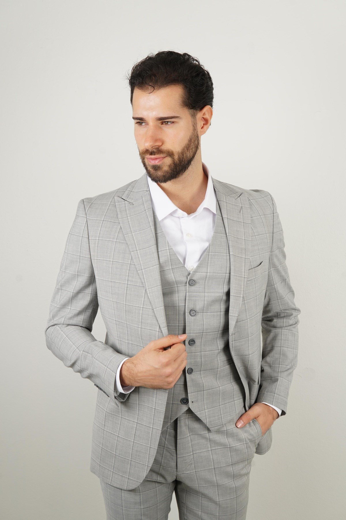 Maserto Slim Fit Gri Yelekli Takım Elbise Çizgili Desenli