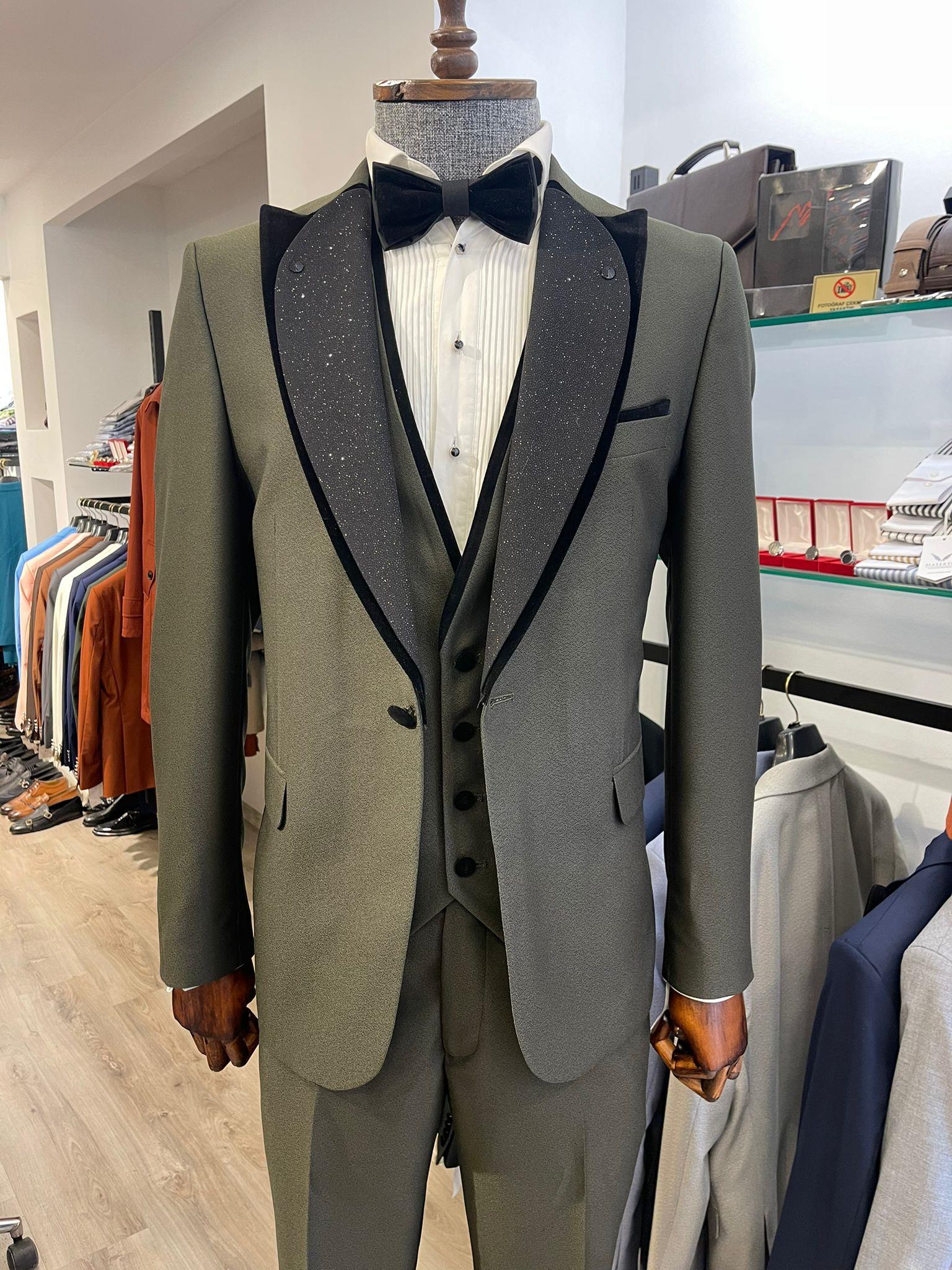 Maserto Slim Fit Haki Damatlık Düz Desenli