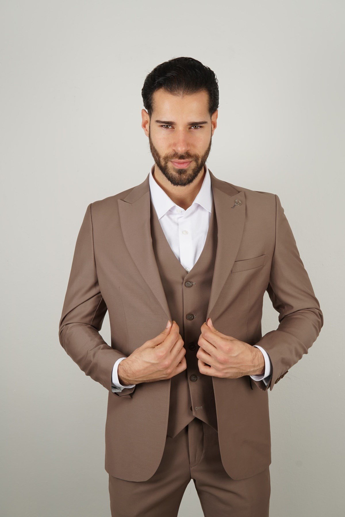 Maserto Slim Fit Kahverengi Takım Elbise Düz Desenli