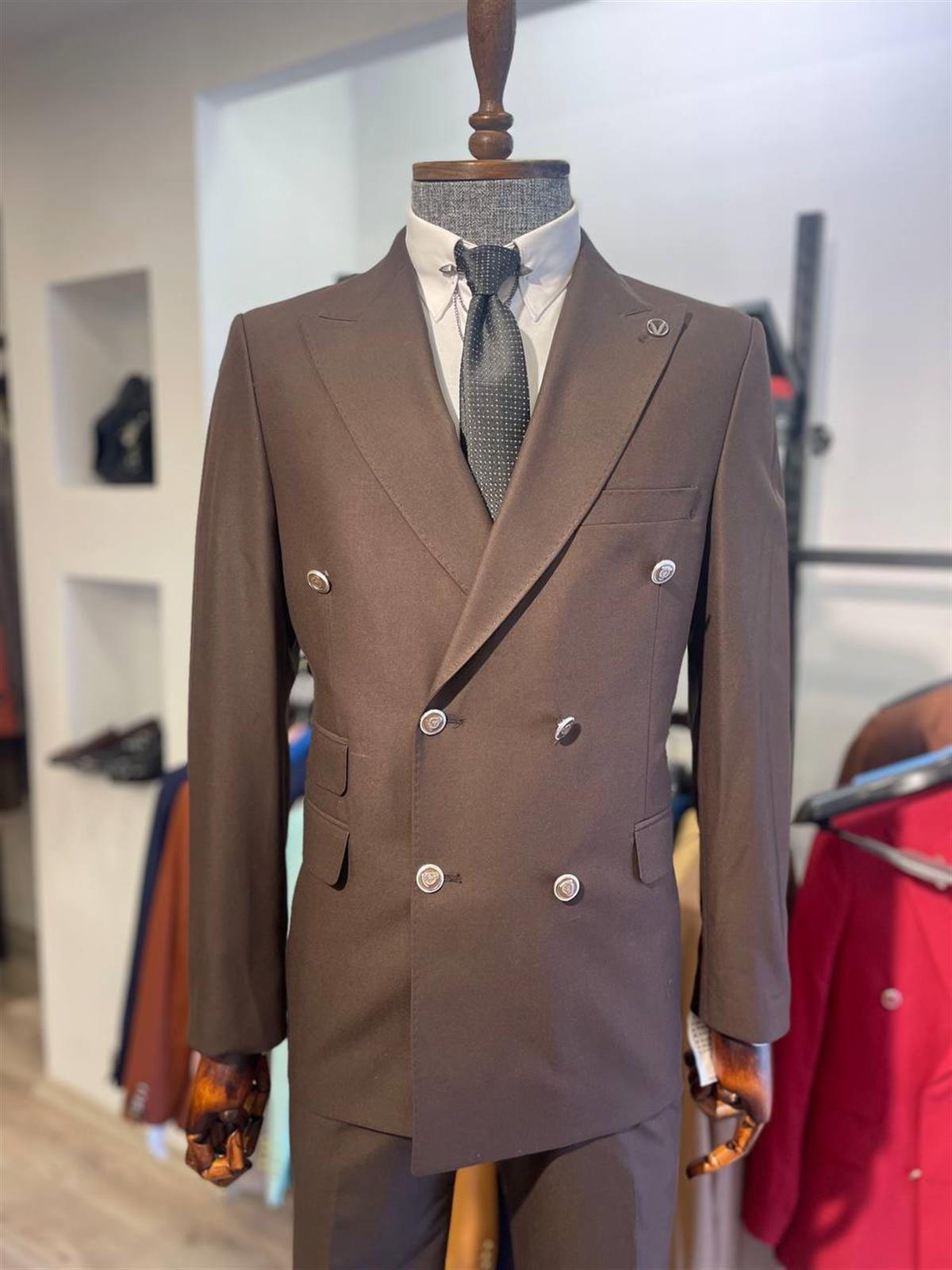 Maserto Slim Fit Kahverengi Takım Elbise Düz Desenli