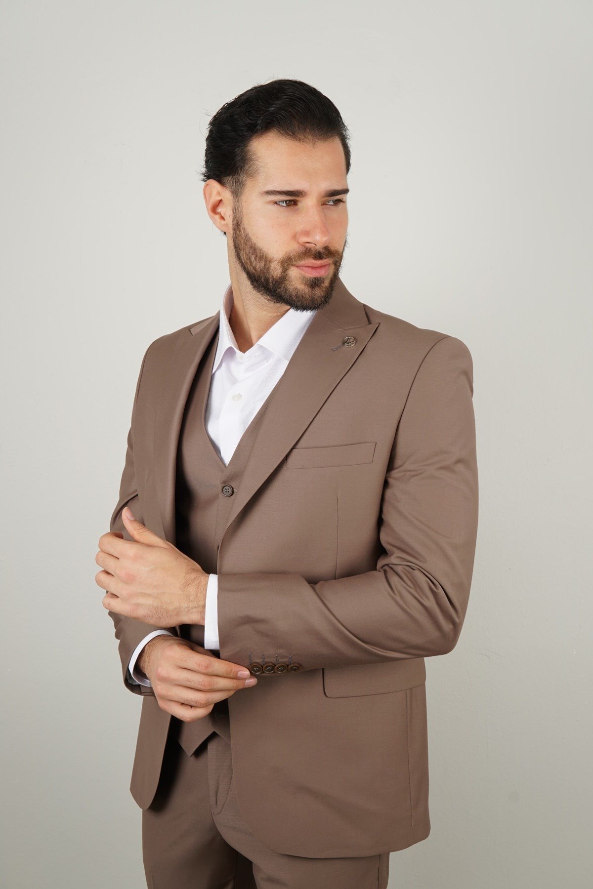 Maserto Slim Fit Kahverengi Takım Elbise Düz Desenli