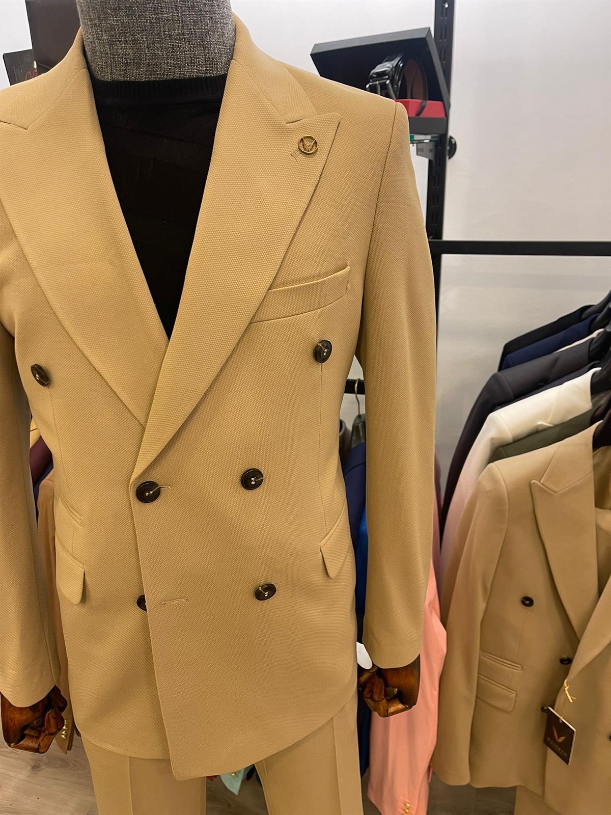 Maserto Slim Fit Kahverengi Takım Elbise Düz Desenli