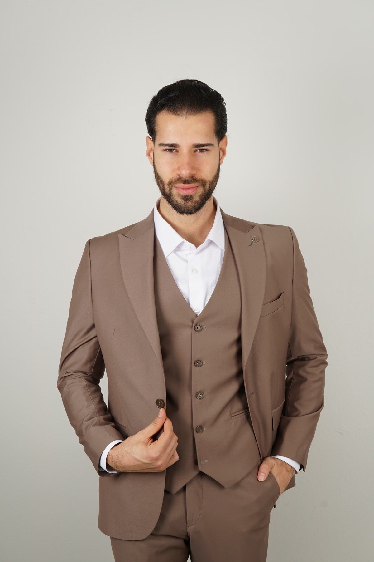 Maserto Slim Fit Kahverengi Takım Elbise Düz Desenli