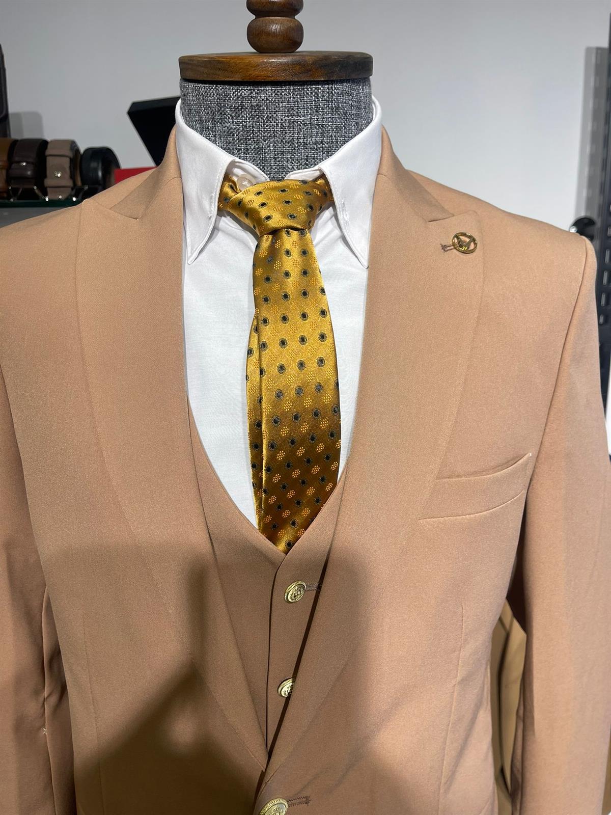 Maserto Slim Fit Kahverengi Takım Elbise Düz Desenli