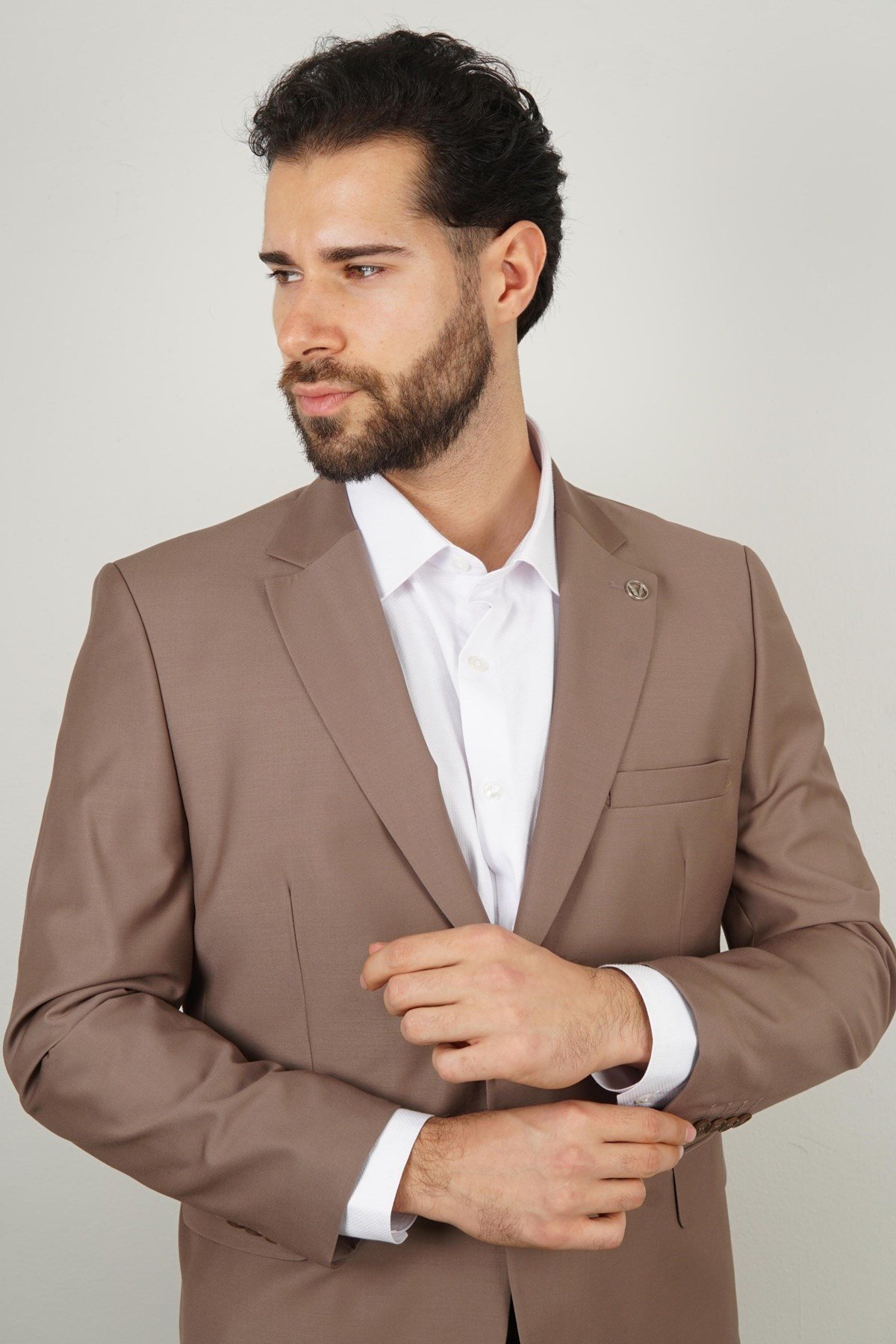 Maserto Slim Fit Kahverengi Takım Elbise Düz Desenli