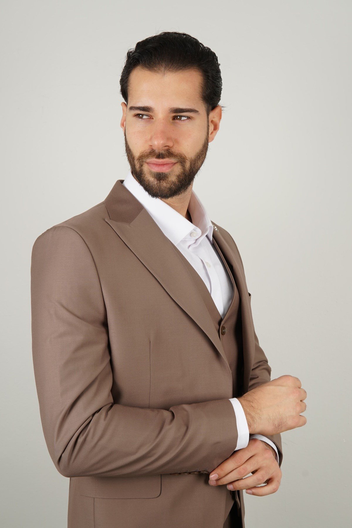 Maserto Slim Fit Kahverengi Takım Elbise Düz Desenli