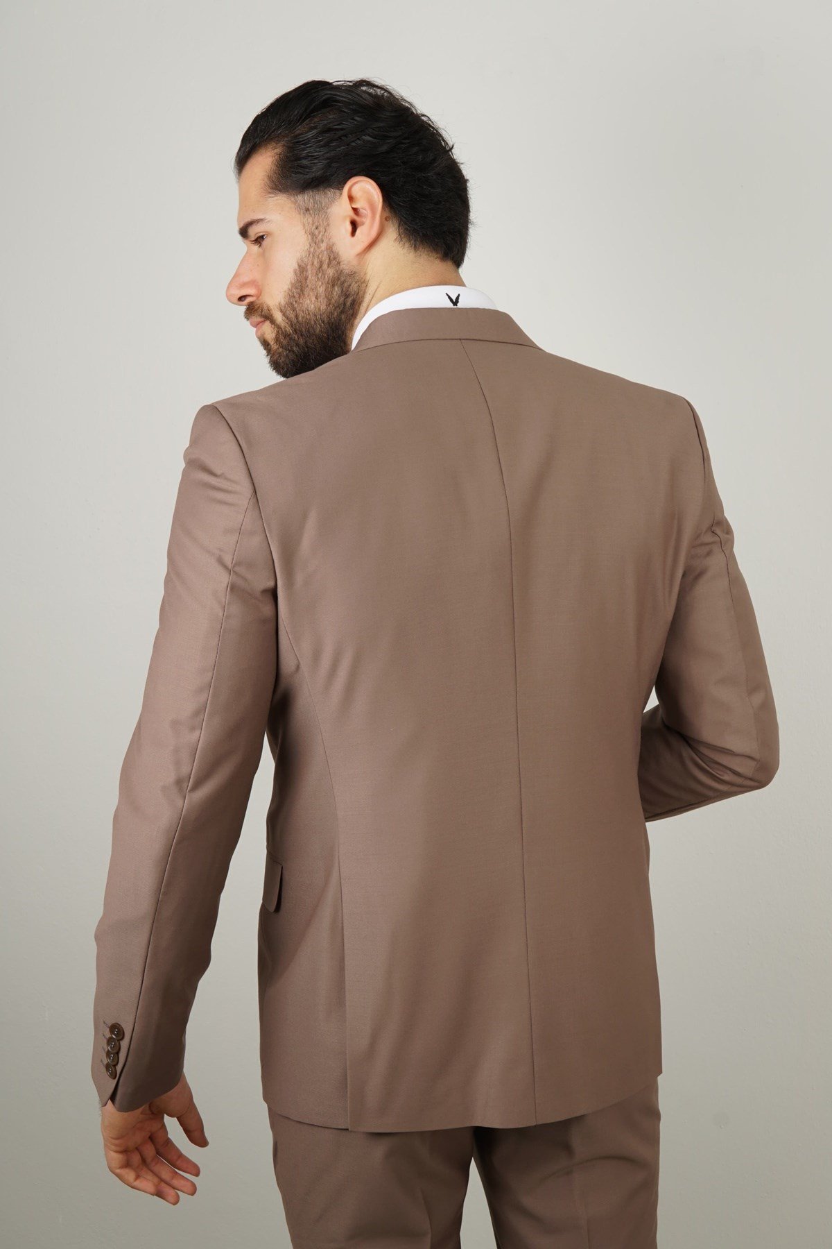 Maserto Slim Fit Kahverengi Takım Elbise Düz Desenli