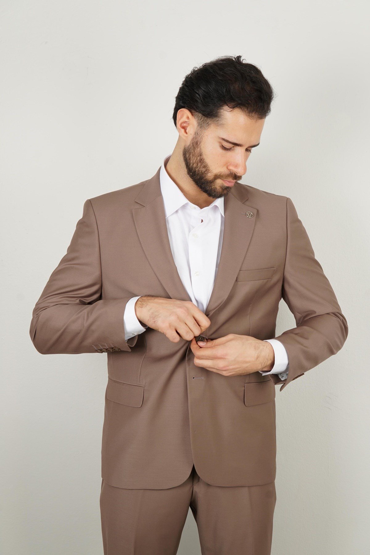 Maserto Slim Fit Kahverengi Takım Elbise Düz Desenli