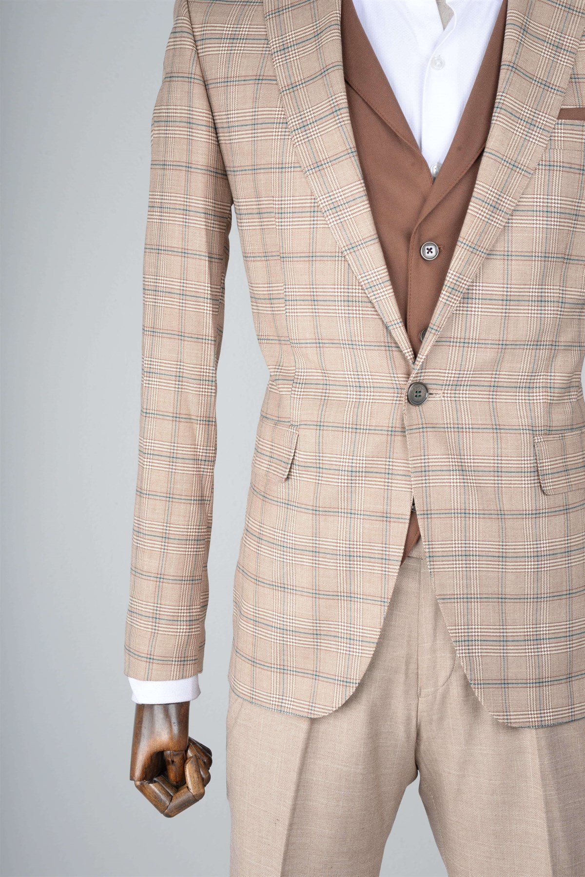 Maserto Slim Fit Kahverengi Yelekli Takım Elbise Ekose Desenli